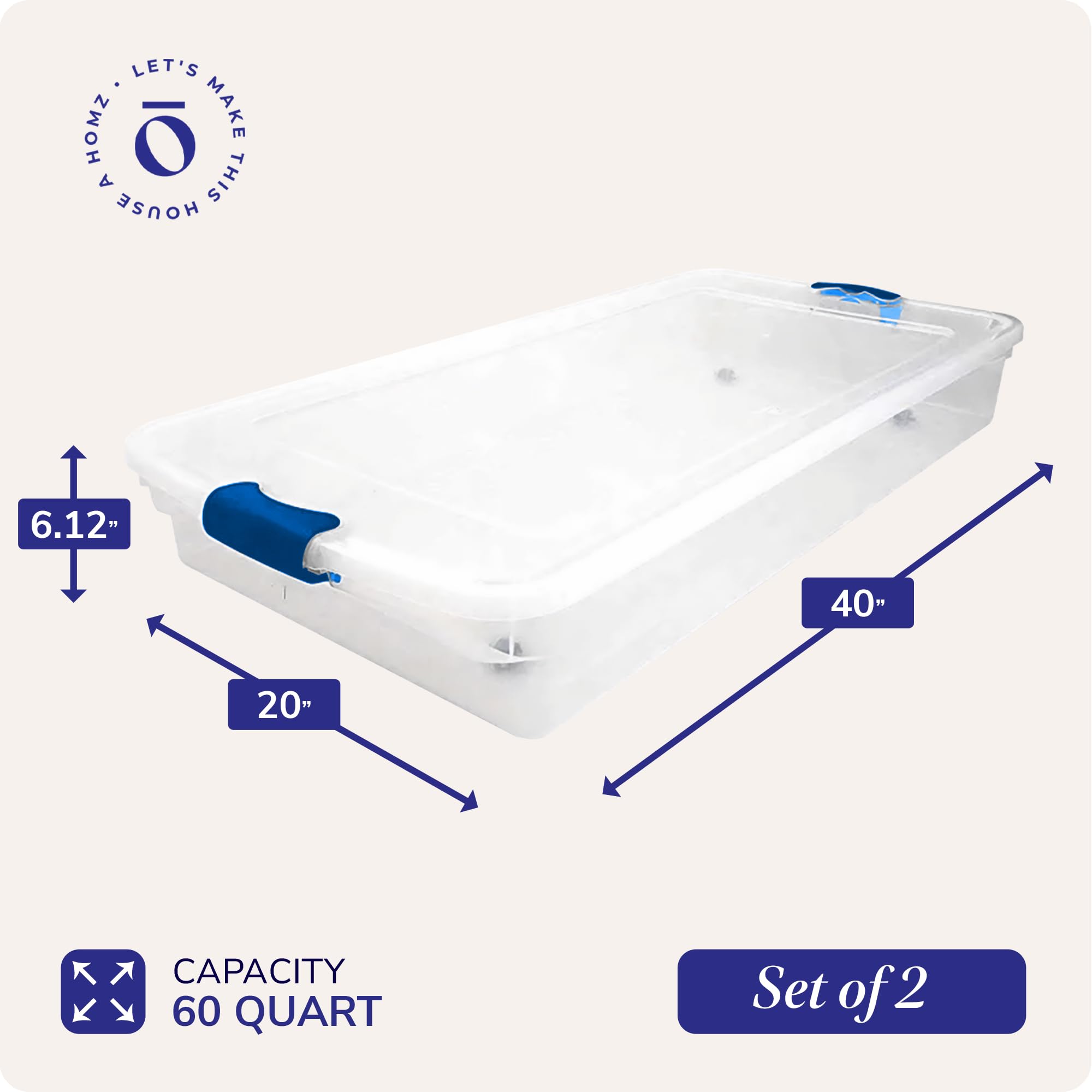 HOMZ 2-Pack Under Bed Storage Containers, 60 QT, Clear Plastic with Blue Latch