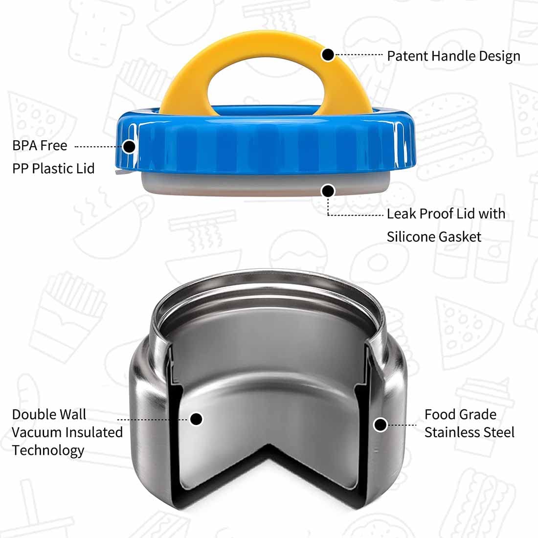 MAISON HUIS 8oz Soup Thermo Wide Mouth Vacuum Insulated Food Jar  Leak Proof Stainless Steel Food Thermo for Hot&Cold Food Kids Food Lunch Container for School Travel(Blue)