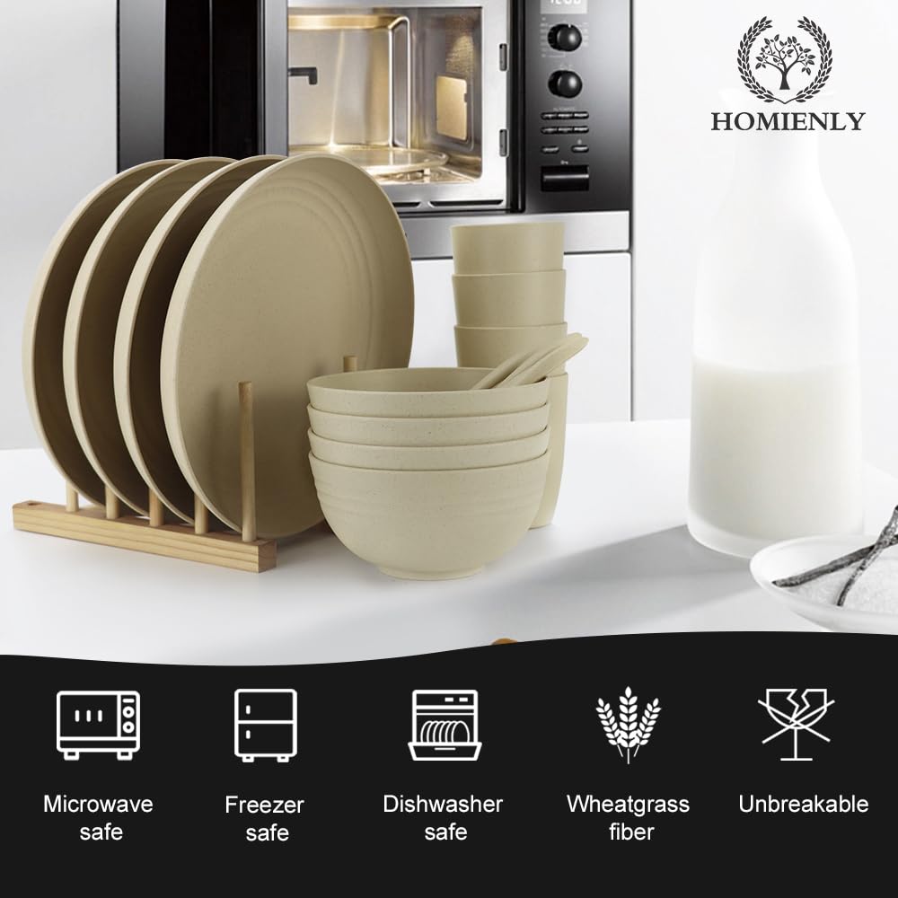 Homienly Wheat Straw Dinnerware Sets, 20Pcs Lightweight Unbreakable Dinnerware, Microwave Dishwasher Safe Bowls Cups Forks Spoon