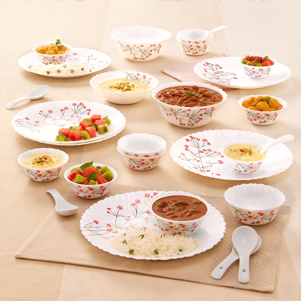 Larah By Borosil Red Bud Silk Series Opalware Dinner Set | 27 Pieces For Family Of 6 | Microwave & Dishwasher Safe | Bone-Ash Fr