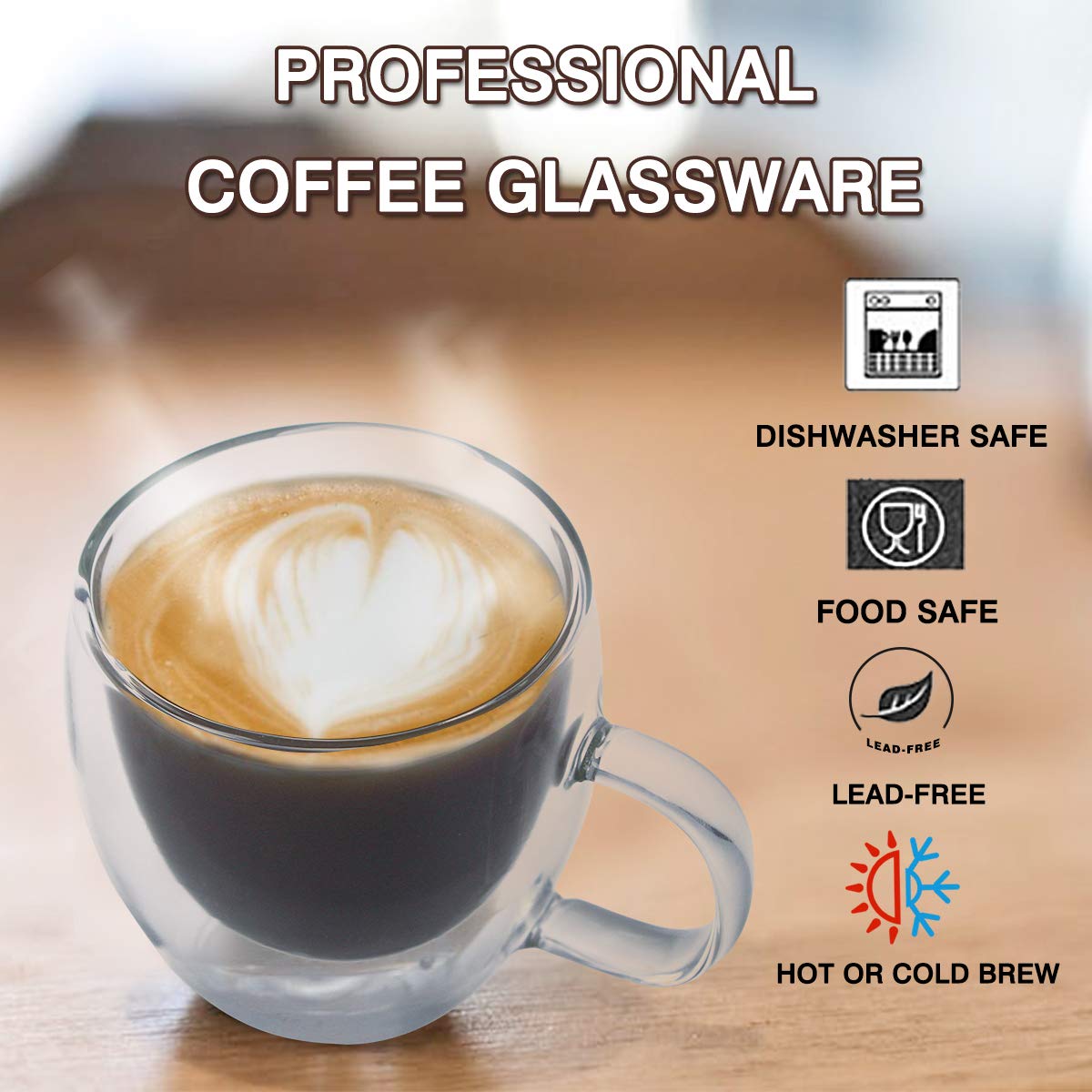 Kitchenexus Glass Espresso Cups, Set Of 2 6Oz Double Wall Thermo Insulated Glass Espresso Shot Cups Set With Handle, Espresso Mu