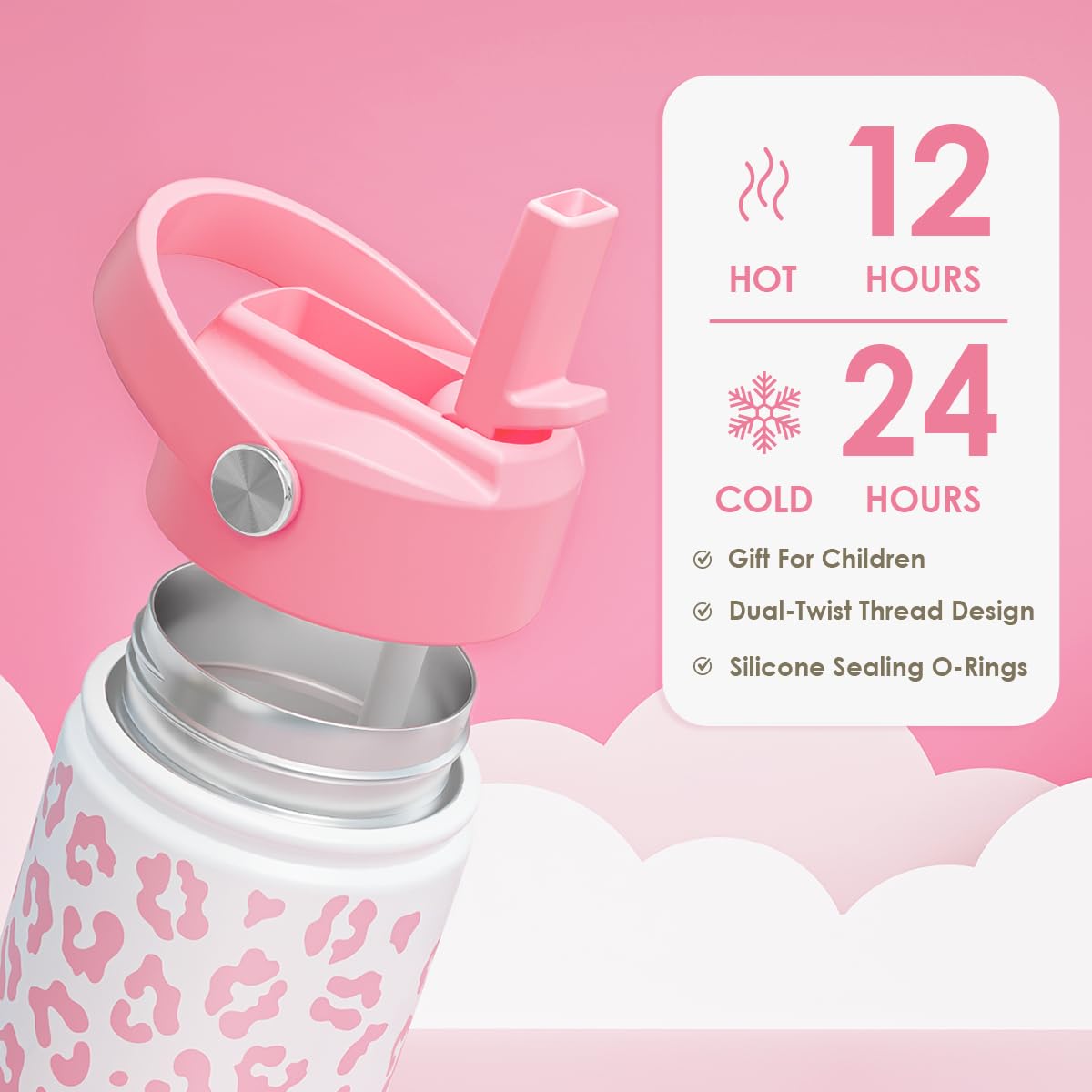 Pink Leopard Print Kids Water Bottle With Straw Lid 12oz Insulated Stainless Steel, Travel Tumbler, Gifts For Girls, Birthday, C