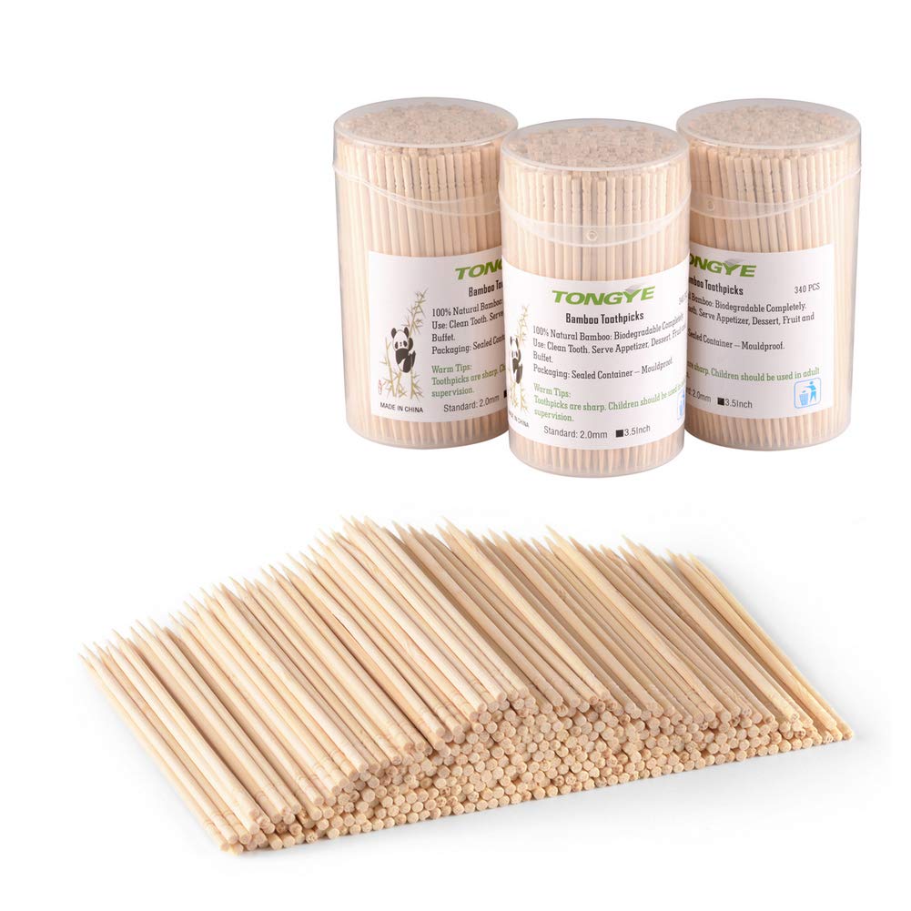 Tongye [3 Packs Of 340] Bamboo Toothpicks 3.5 Inches, Extra Long Round Wooden Toothpick For Appetizers Qlives Sandwich - Sturdy