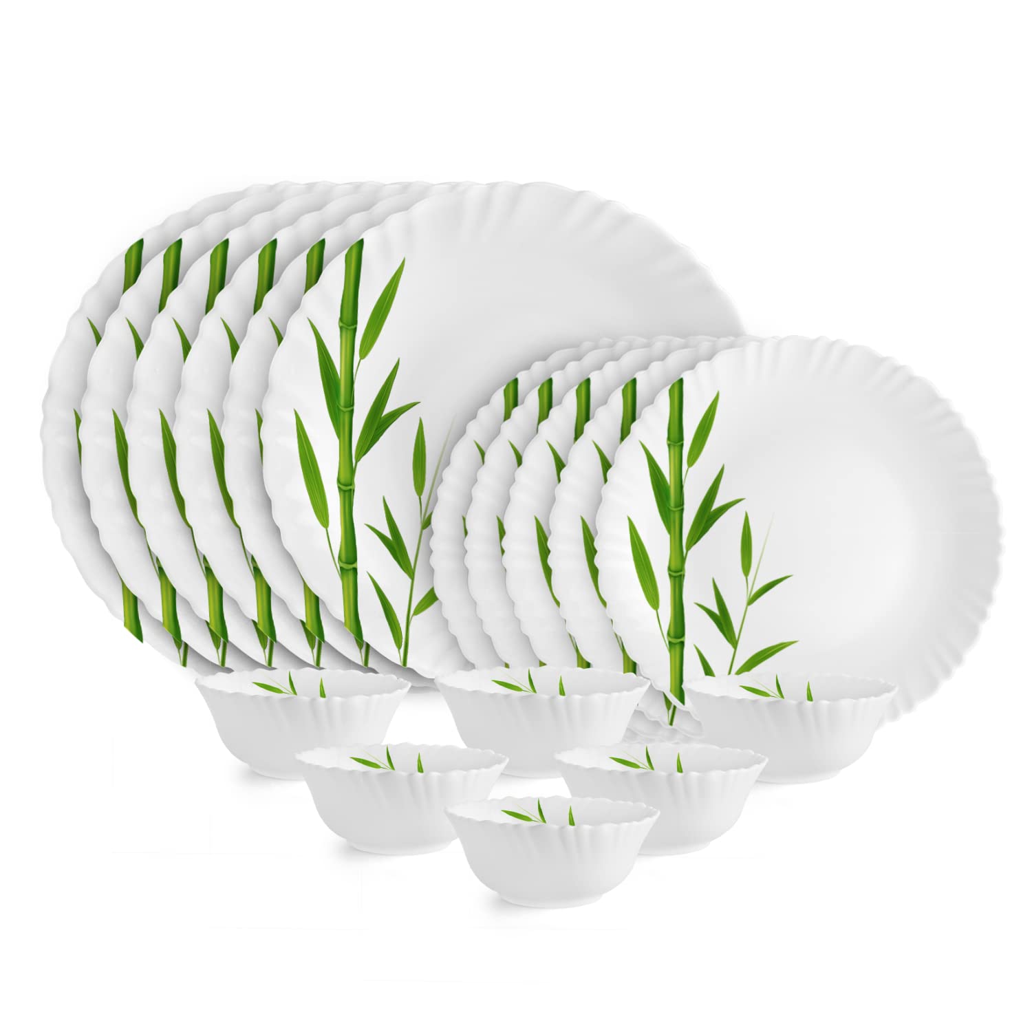 Cello Opalware Dazzle Series Bamboo Groove Dinner Set, 18 Units | Opal Glass Dinner Set For 6 | LightWeight, Daily Use Crockery