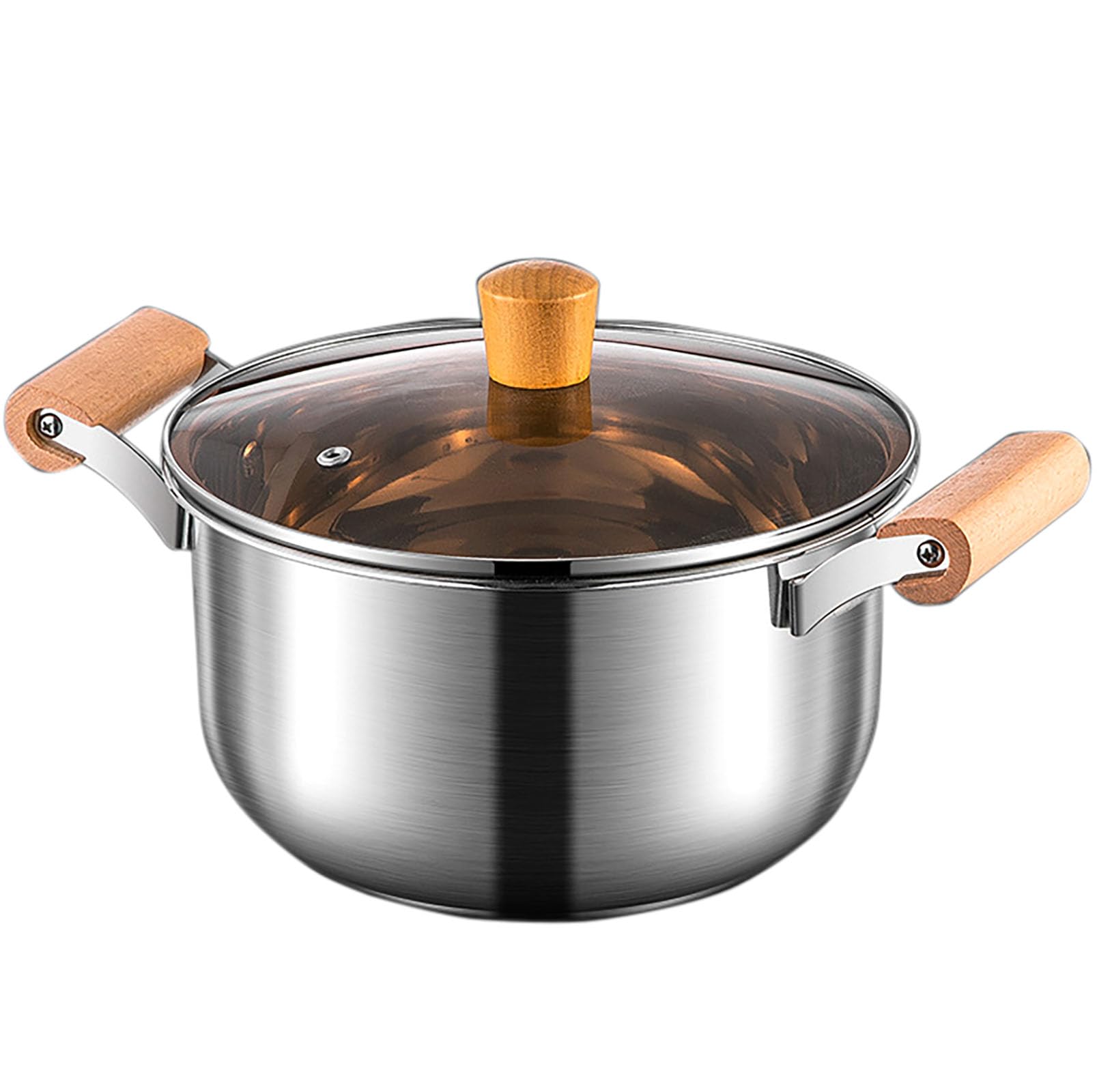Double Handle Soup Pot, 2.7 Quart Thickened Stainless Steel Saucepan with Wood Lid for Cooking, Boiling Milk, Spaghetti, Soup in