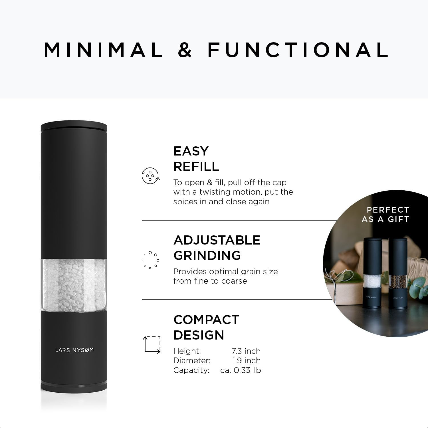 Lars Nysm Salt And Pepper Mills Set Stainless Steel With Adjustable Ceramic Grinder 2 Pieces I Design Spice Mills Set Manual (On