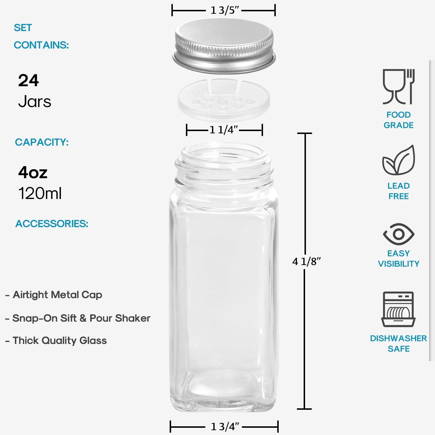 Aozita 24 Pcs Glass Spice Jars With Labels - 4Oz Empty Square Spice Bottles Containers, Condiment Pot, Shaker Lids And Airtight