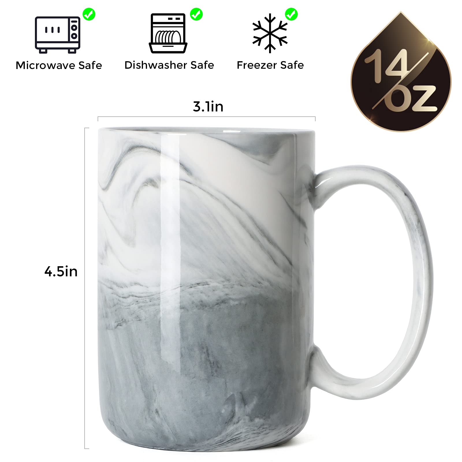 Smilatte 14 Oz Marble Coffee Mugs, M068 Novelty Marble Ceramic Cup For Home And Office, Microwave Dishwasher Safe, Set Of 4, Gra