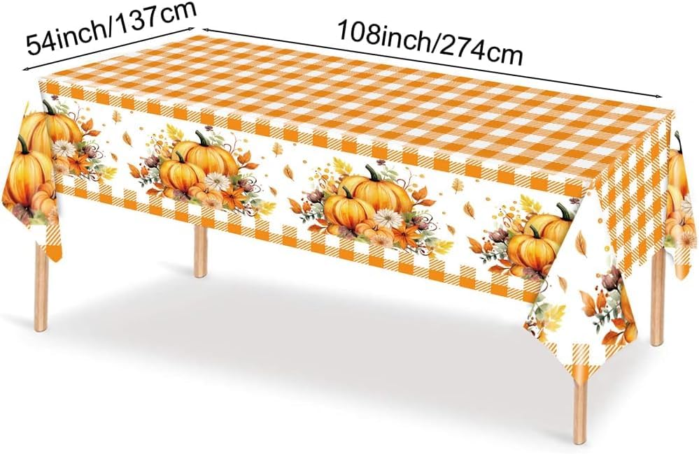 Thanksgiving Plastic Tablecloth, 2 Pack Fall Autume Pumpkin Disposable Table Covers for Thanksgiving Party, 54 x 108 Friendsgivi