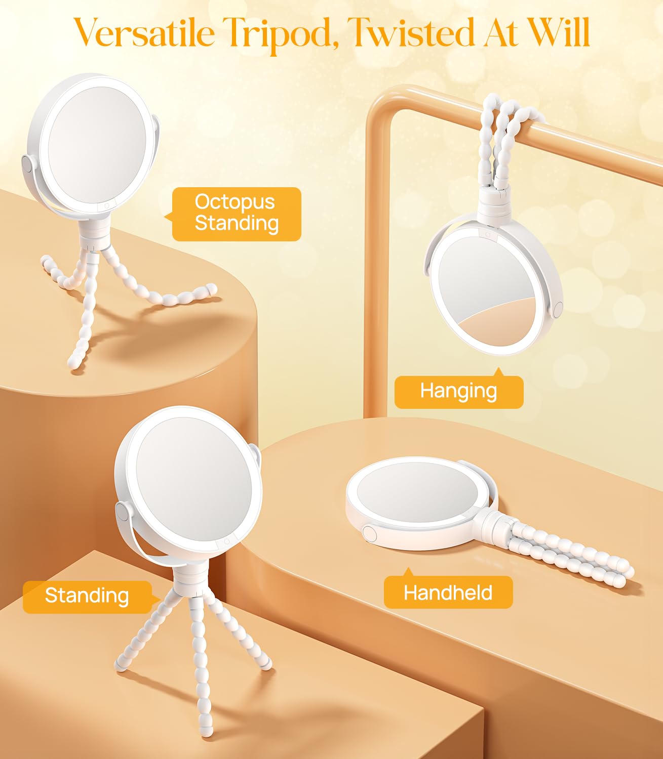 Gospire 5.85    Tripod Travel Makeup Mirror With Lights And Magnification 1X/10X, 4 In 1 Winding Hanging Handheld Tabletop, 3 Li