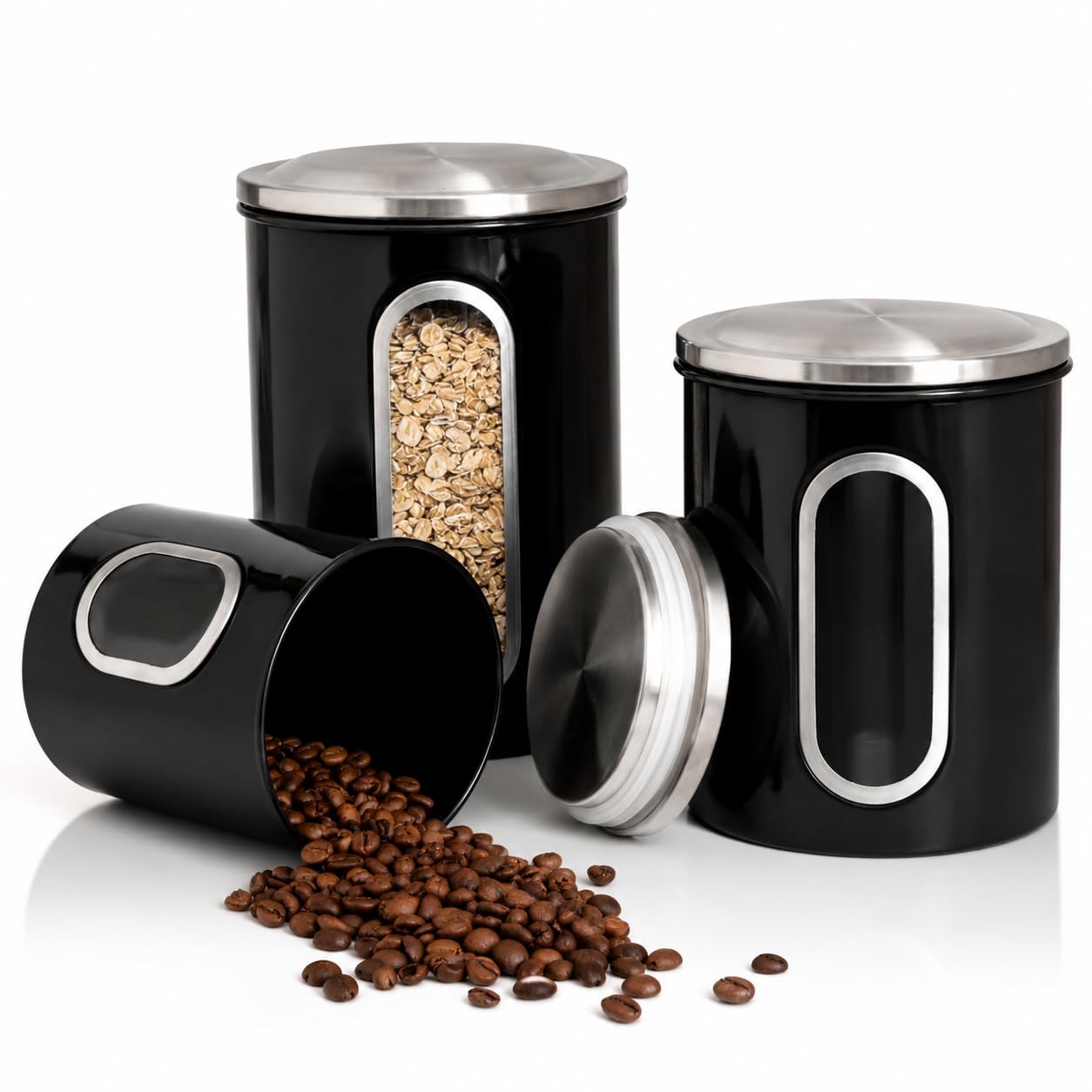 Moss & Stone 3Pcs Black Canisters Set for Kitchen Storage Airtight Jars