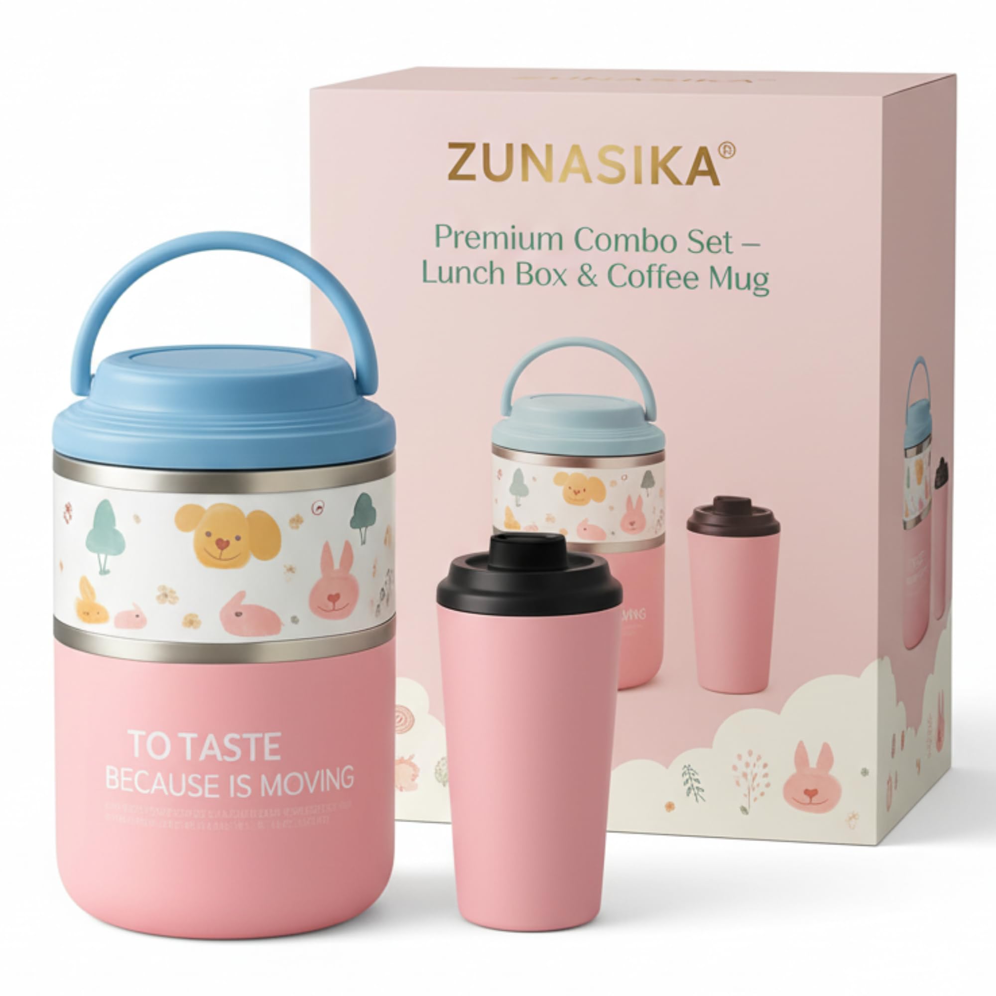 Zunasika Insulated Stainless Steel 1060Ml Lunch Box With 350Ml Tumbler | Leakproof Hot Cold Food Container | BpaFree Cute Tiffi
