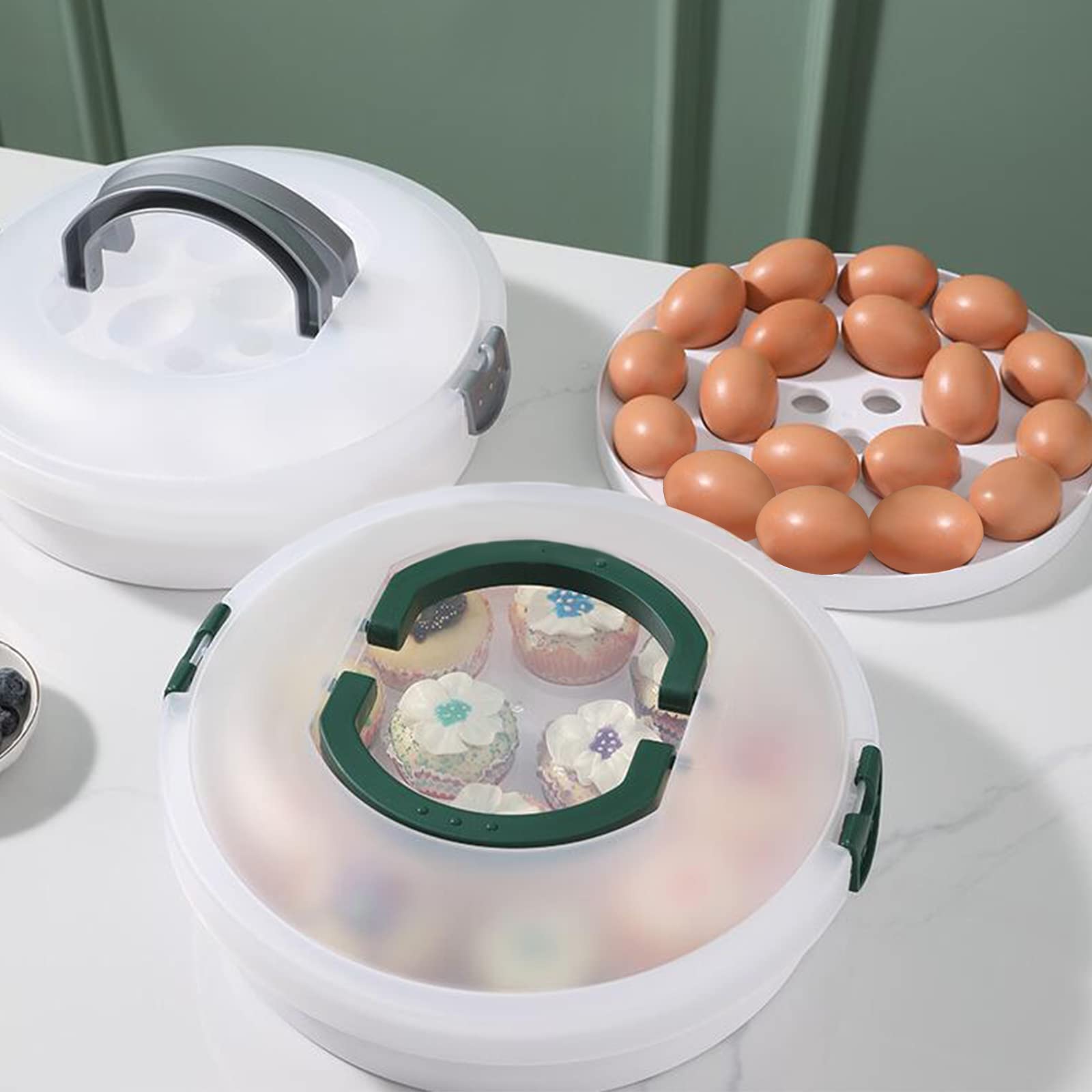 Pujito 10 Inch Portable Pie Carrier With Lid And Tray 3-In-1 Round Cupcake Container Egg Holder Muffin Tart Cookie Keeper Food F