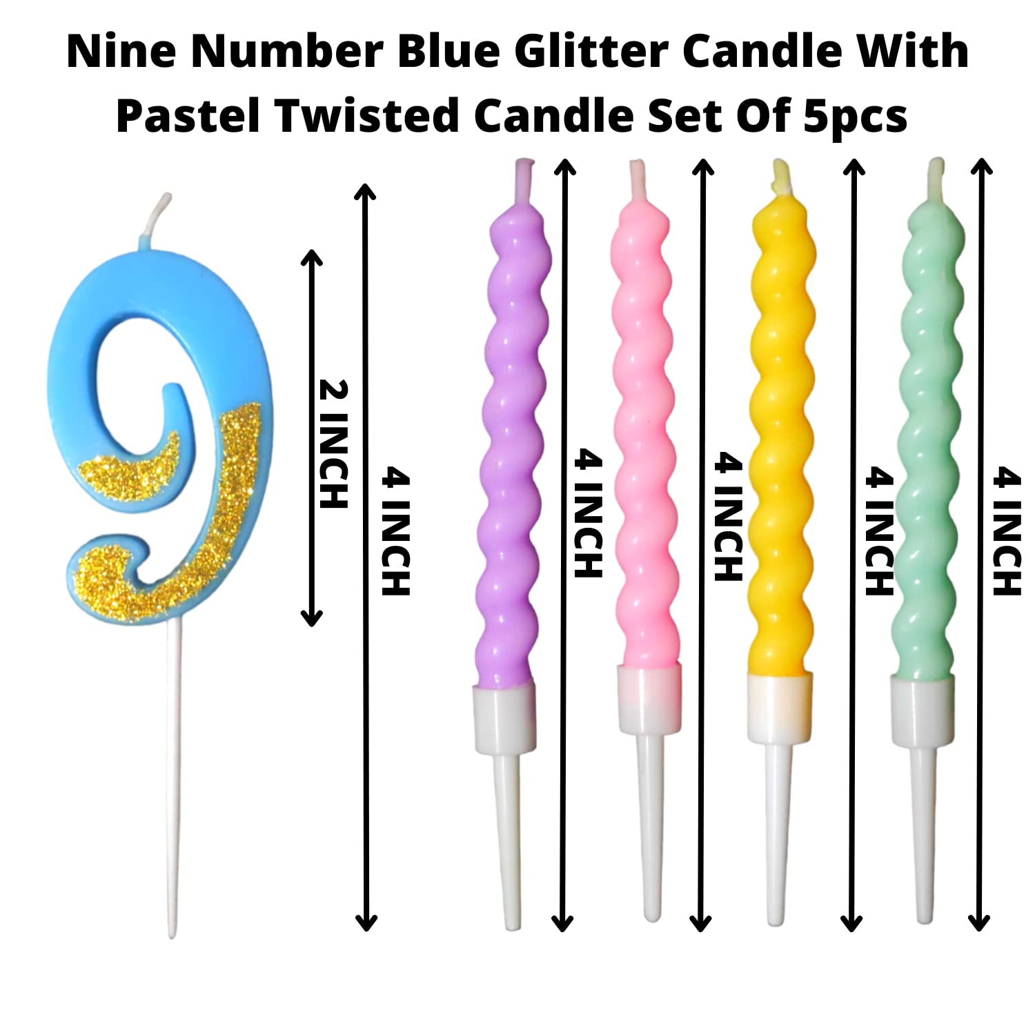 Party Decorz Number 9 Candle | Nine Number Candle | Nine Number Blue Glitter Candle with Pastel Twisted Candle Set of 5pcs for B