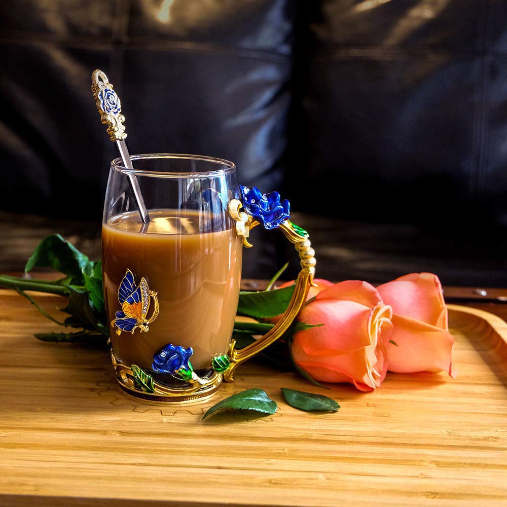 Dasyfly Enamel Glass Tea Cup Blue Rose Coffee Mug,Personalized Gifts For Birthday Mothers Day Anniversary Christmas For Mom,Wome