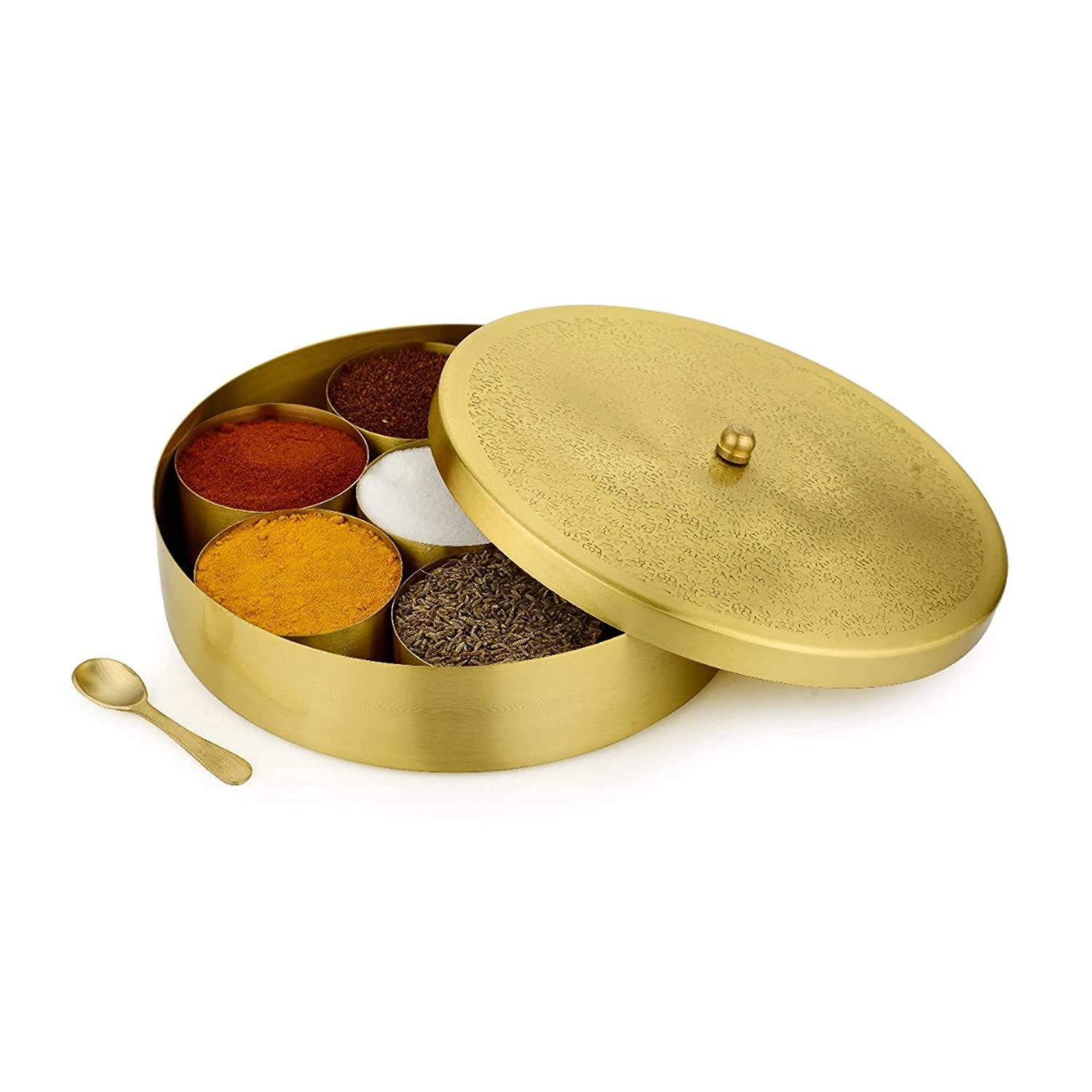 Yrk Brass Spice Box Set For Kitchen 8 Inch With 50 Ml Capacity Brass Masala Box For Kitchen Masala Dani Masala Container Masala 