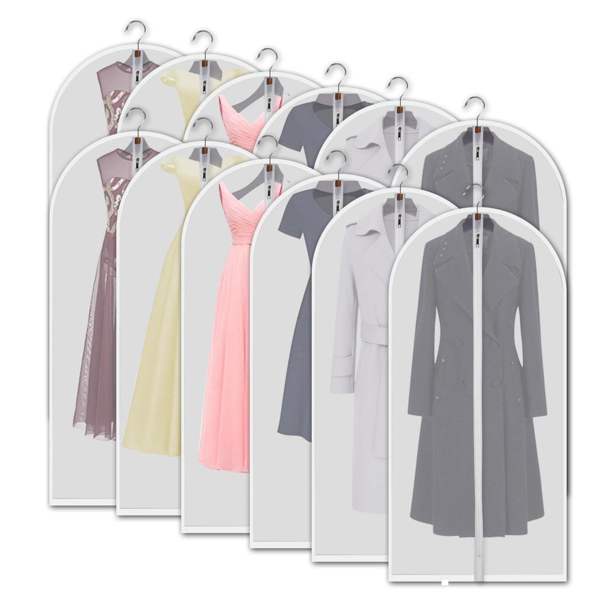 Vosigreen Hanging Garment Bags 12 Piece Set - 60 Inch Translucent Dust Proof Clothes Bag White Breathable Full Zipper Dust Cover