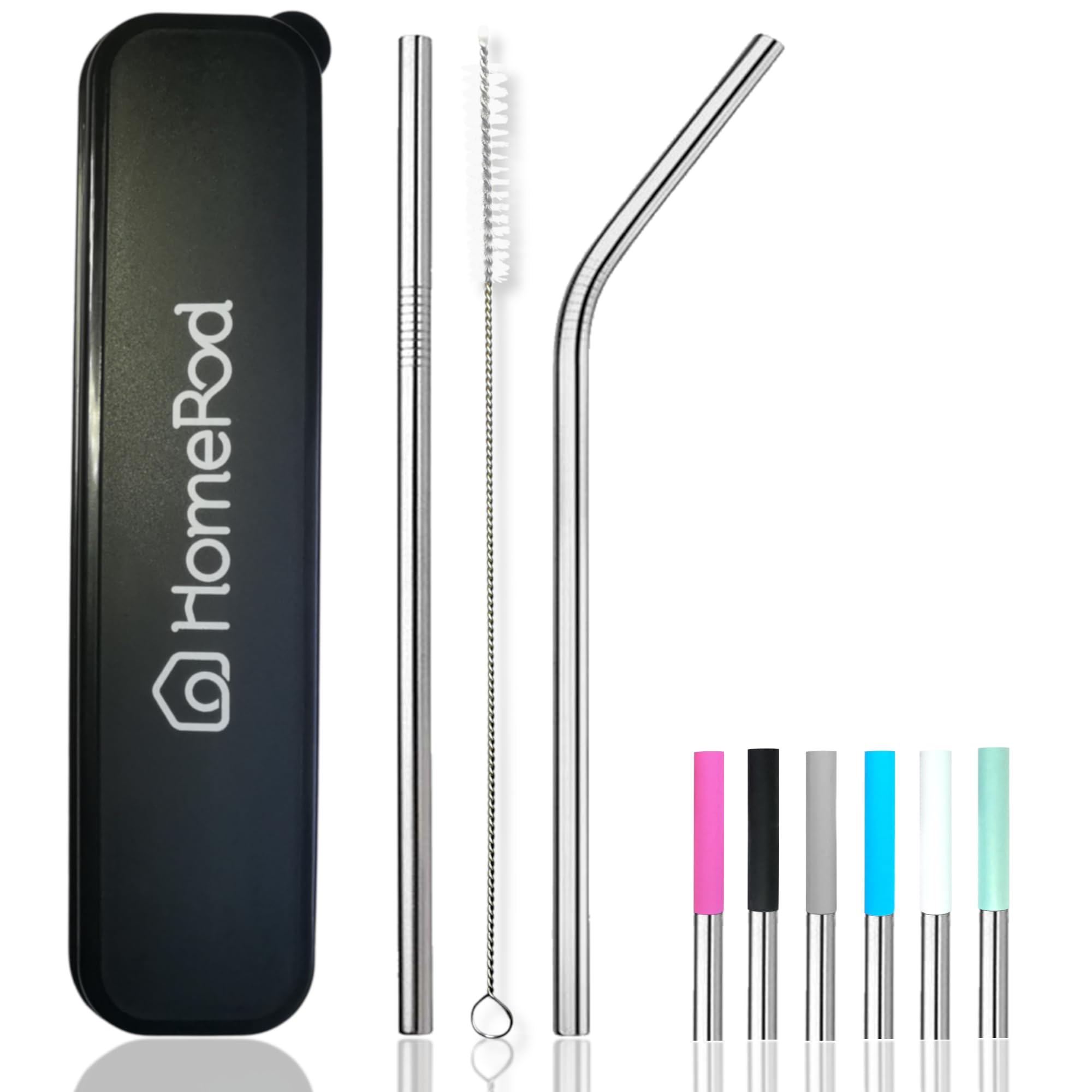 Pack Of 10: 2 Stainless Steel Reusable Straws 9 Inches Long, 6 Silicone Tips, 1 Straw Brush In A Travel Hard Case. Drinking Meta