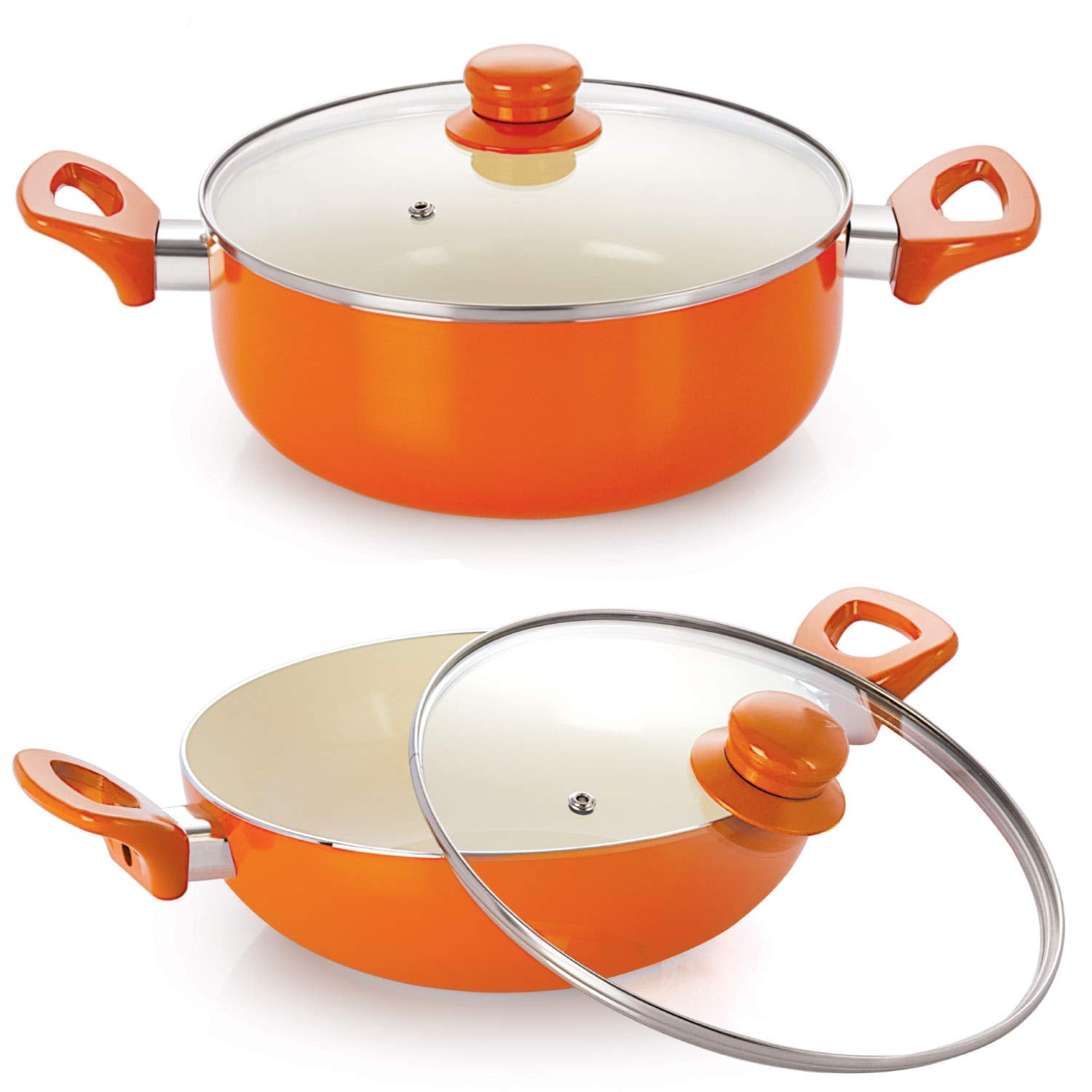Nirlon Non Stick Ceramic Coating Cooking Item Casserole And Kadhai With Glass Lid  Set Of 2 (Orange)