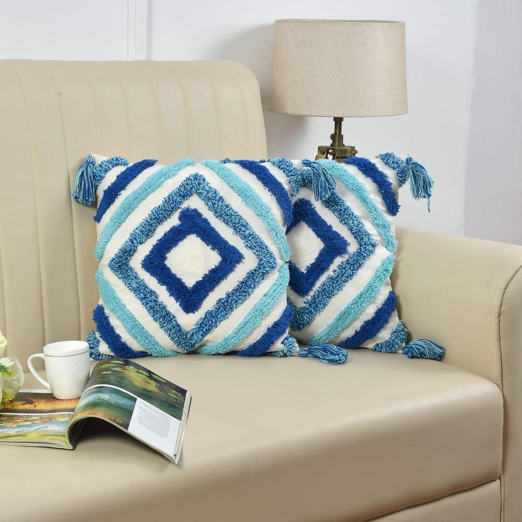 Wisdom Decor Sofa Cushion Cover Cotton For Living Room Couch 200 Tc Soft Pillow Cover (16 X 16, Blue Diamond) Pack Of 2
