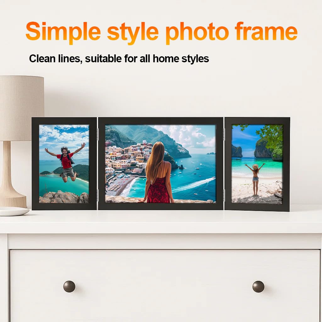 3 Picture Frame, 4x6 & 6x8 Triple Folding Hinged Photo Frames, Rustic Wood Desk Family Photo Collage Stand Vertical on Tabletop