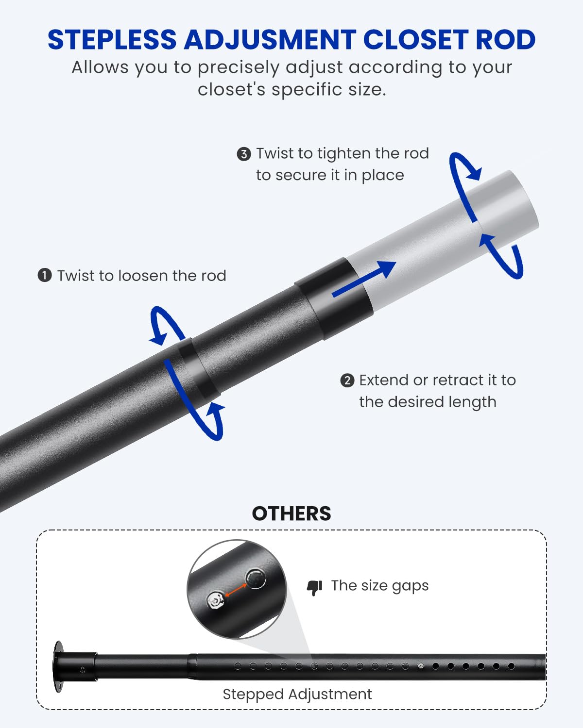 Closet Rods For Hanging Clothes, 17 To 84 Inches Stepless Adjustable Metal Closet Rod, 1.3 Inches Heavy Duty Clothes Hanging Rod