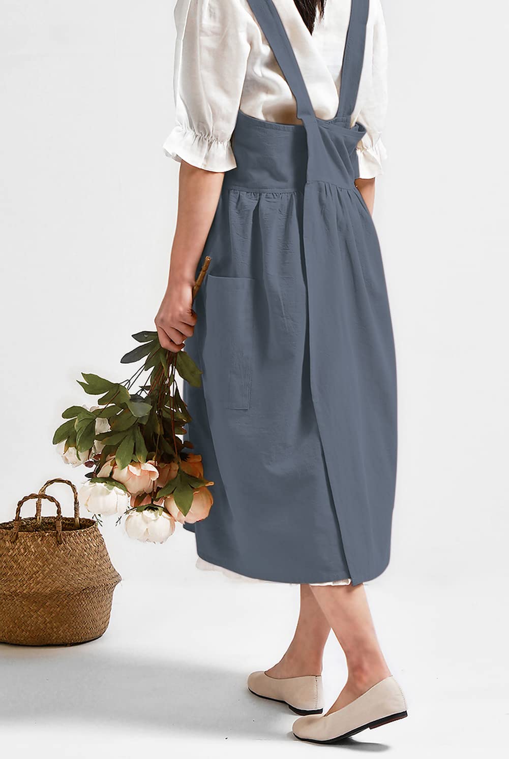 Newgem Cotton Linen Cross Back Apron For Women With Pockets Cute Japanese Korean Style Pinafore Dress Blue Grey