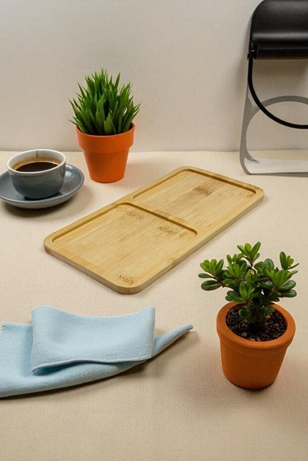 Bamboo 2Compartment Serving Tray, Rectangular Divided Wooden Snack Platter, Oil & Sauce Dispenser Holder, Condiment Organizer, 