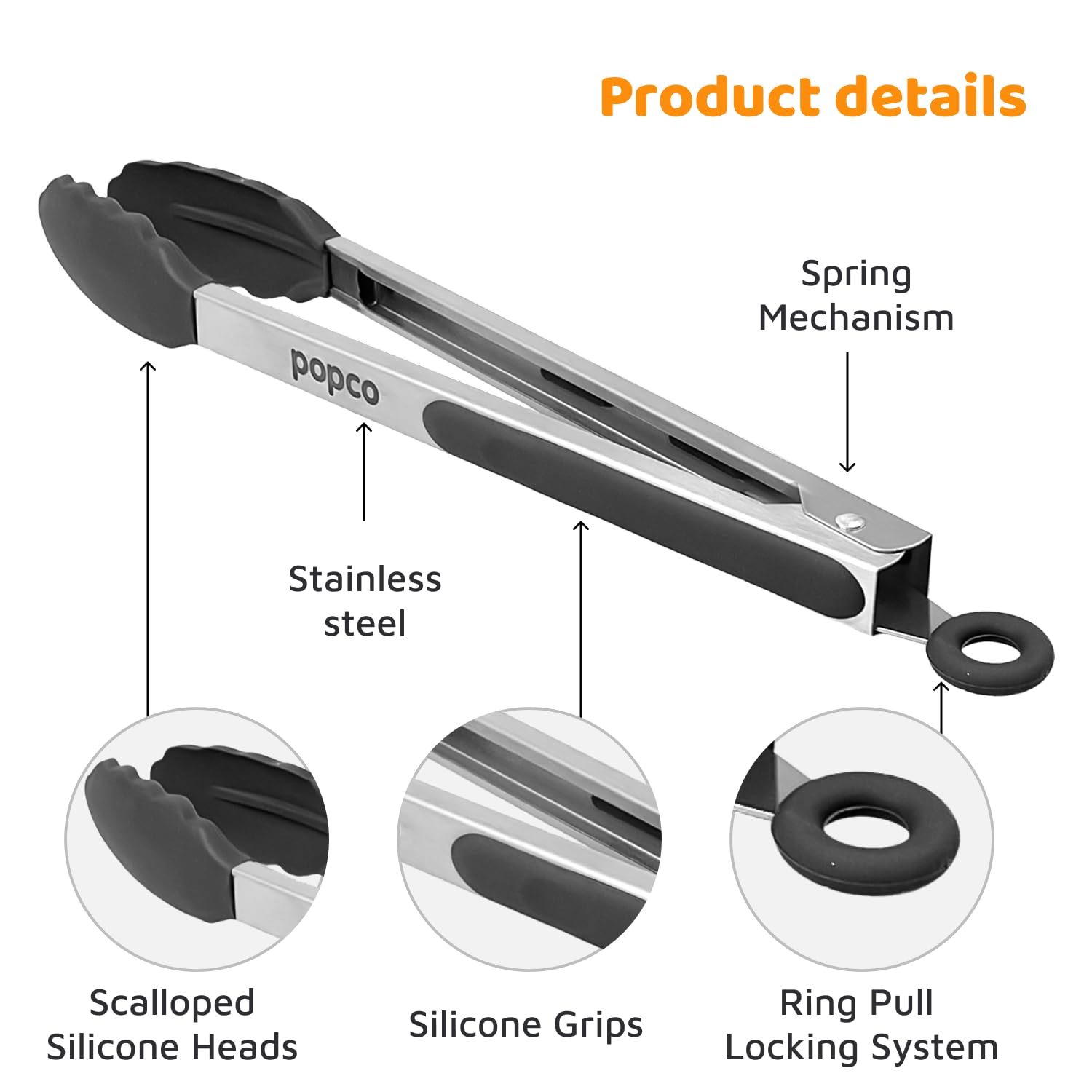 Popco Silicone Tongs for Cooking Grilling (3 food tongs x 7/9/12'') Heavy Duty Stainless Steel BBQ Tongs for Grilling  Cooking Tongs  Kitchen Tongs with Silicone Tips  Salad Tongs  Rubber Tongs Buffet