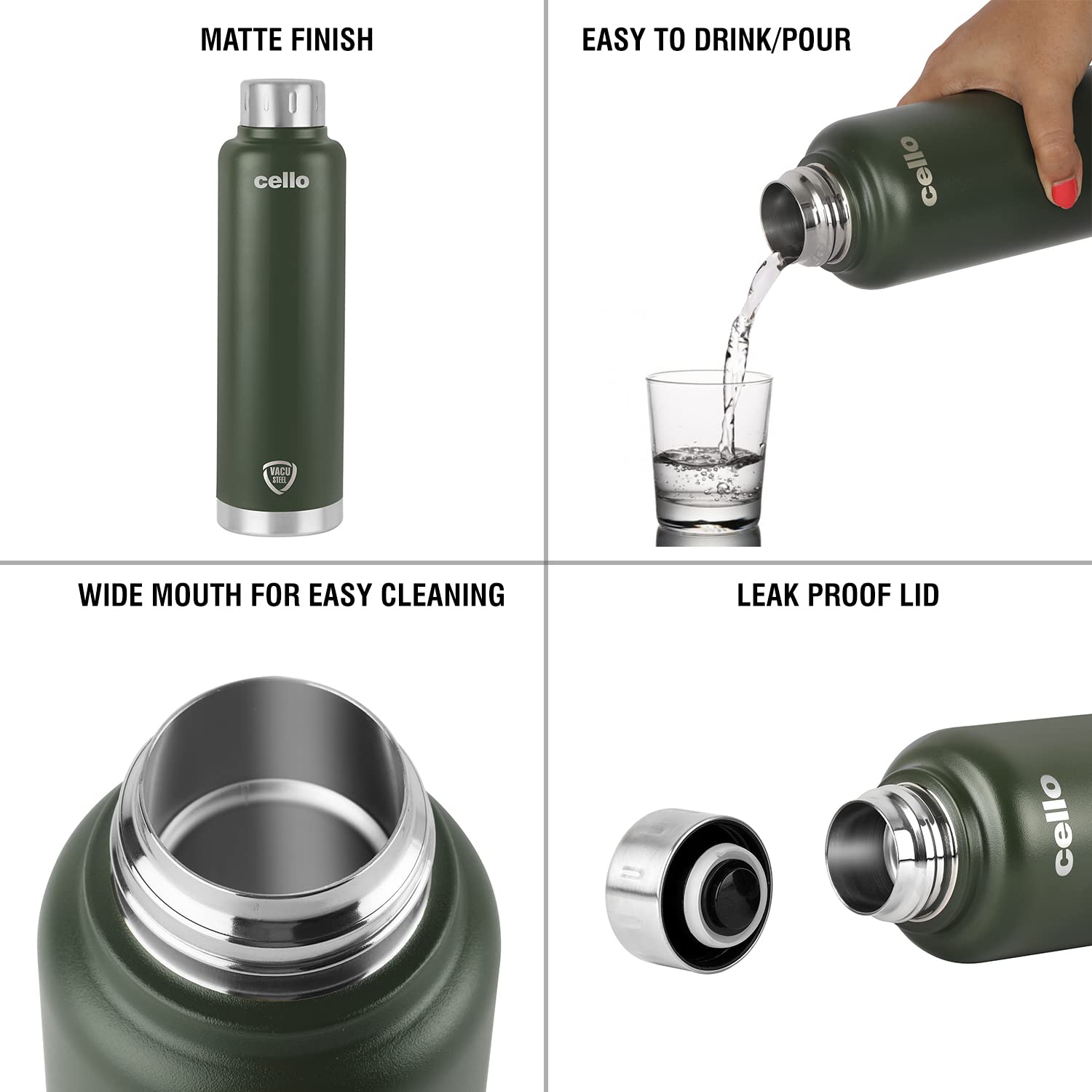 Cello Duro Top Double Wall Stainless Steel Water Bottle, 1 Unit, 750 Ml, Military Green