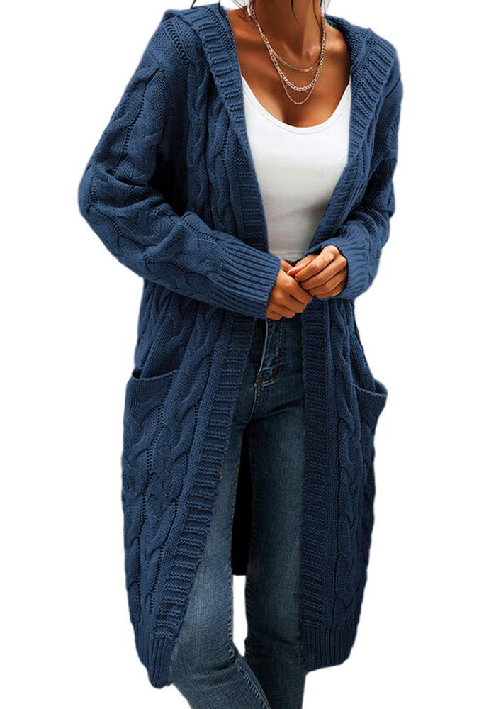 Women Hooded Open Front Cardigan Cable Knit Sweaters Solid Color Chunky Long Sweater Coats Navy Blue