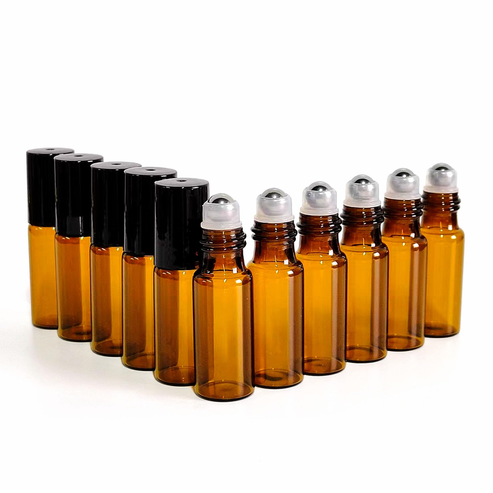50 Pcs 5Ml Amber Glass Roller Bottle,Essential Oil Sample Vials With Stainless Steel Roller Ball,Black Caps,For Travel Perfume C