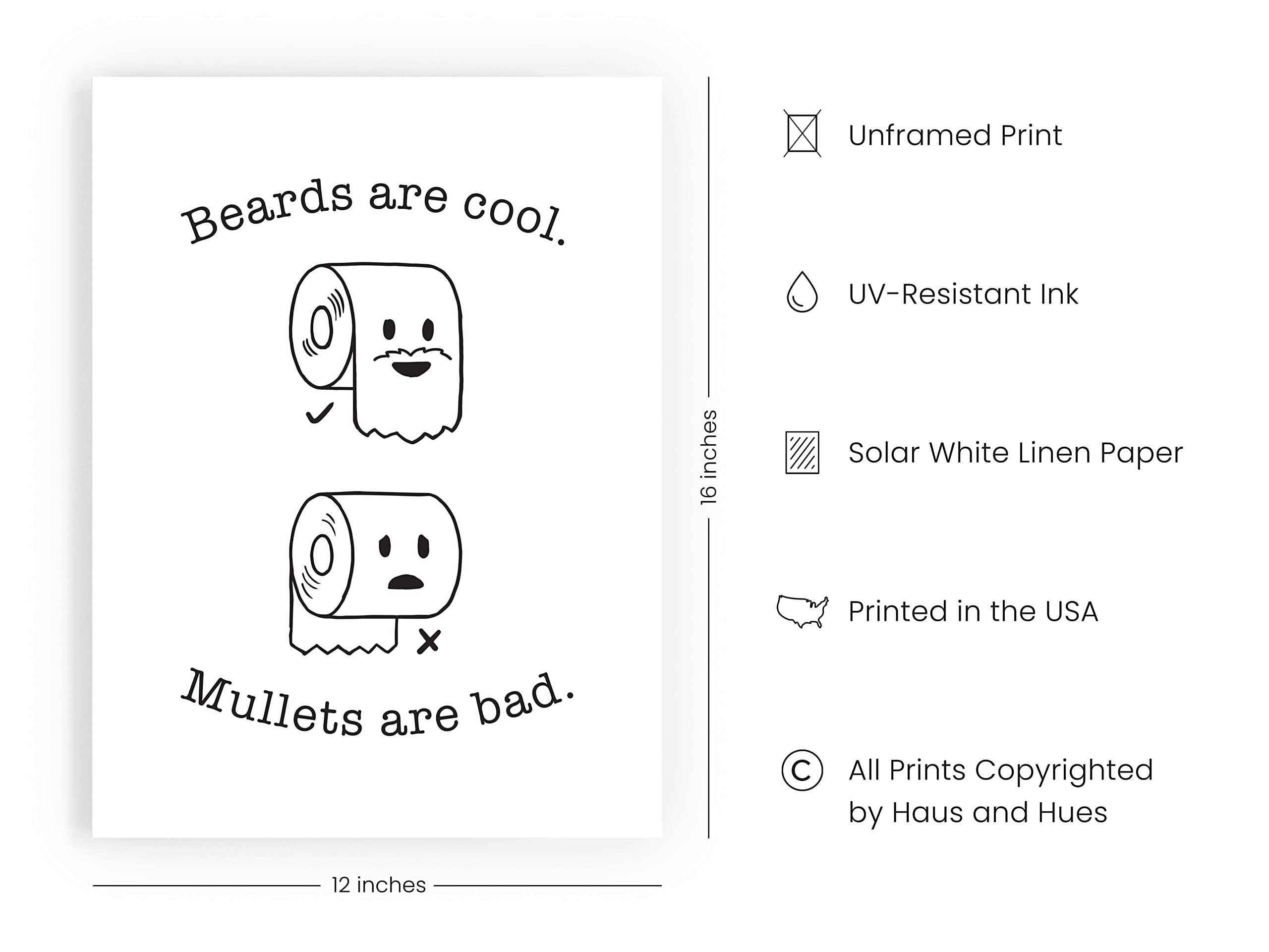 HAUS AND HUES Funny Bathroom Decor - 12x16 Unframed Wall Art, Beard/Mullet Humor Sign, Model BJ-DK19-NLOH