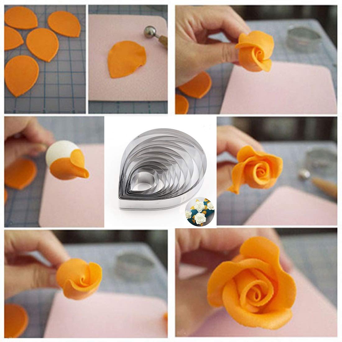 18Pcs Gumpaste Flower Mold Austin Rose Petal Calyx Leaf Cutter Set Sugarcraft Fondant Modelling Tools For Cake Decorating, Choco