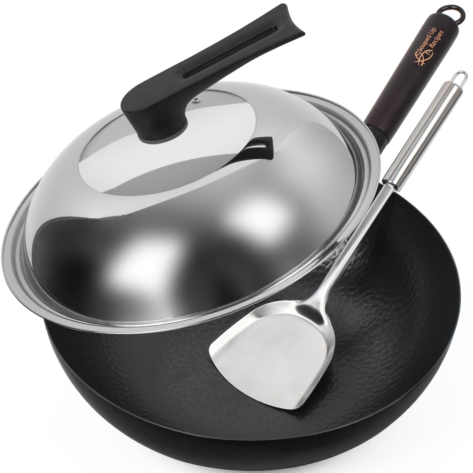 Souped Up Recipes 12.5 Inch Carbon Steel Wok For Electric, Induction And Gas Stoves (Lid, Spatula And User Guide Video Included)