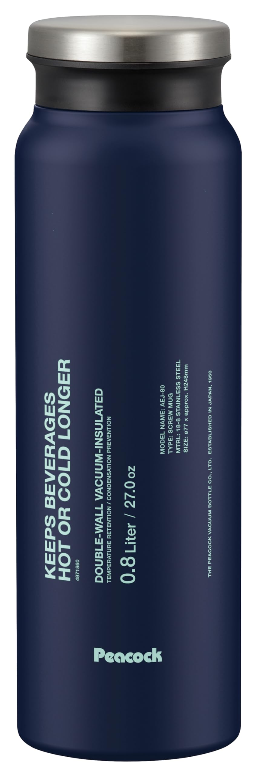 Thepeacock AEJ80AK Peacock Water Bottle Mug Bottle, 27.6 fl oz (800 ml), Heat Retention, Cold Retention, Screw Bottle, Stainle