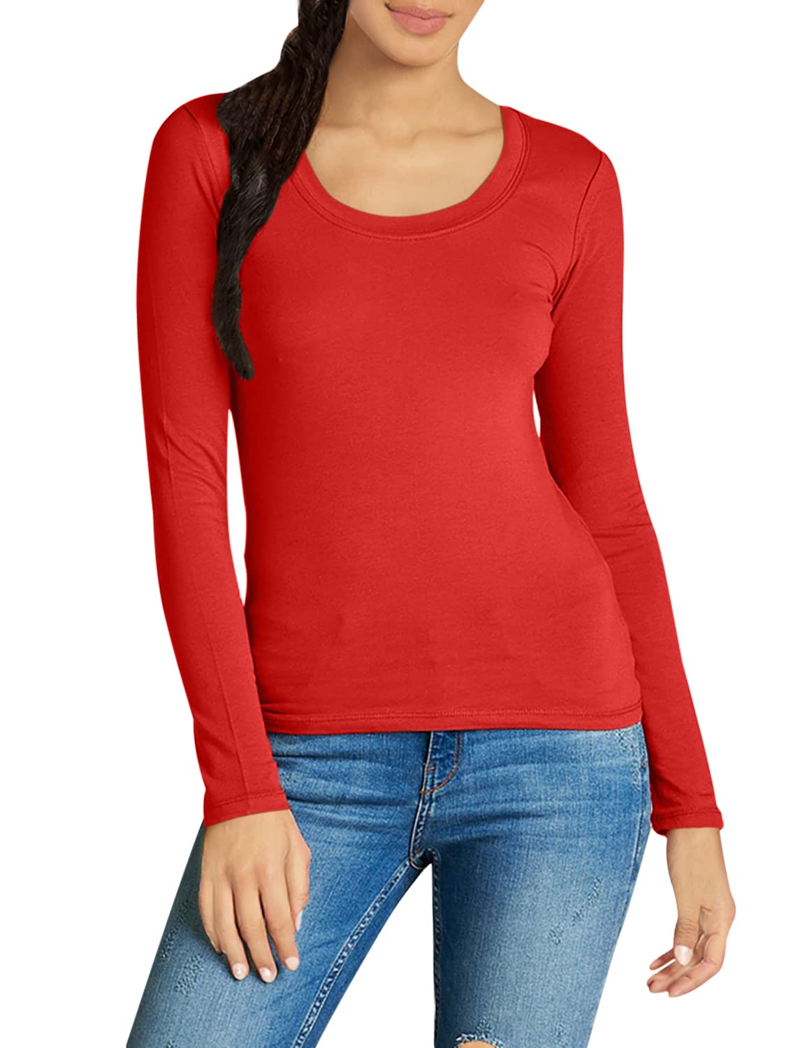 Emmalise Womens Junior And Plus Size Basic Scoop Neck Tshirt Long Sleeve Tee, Large, Red