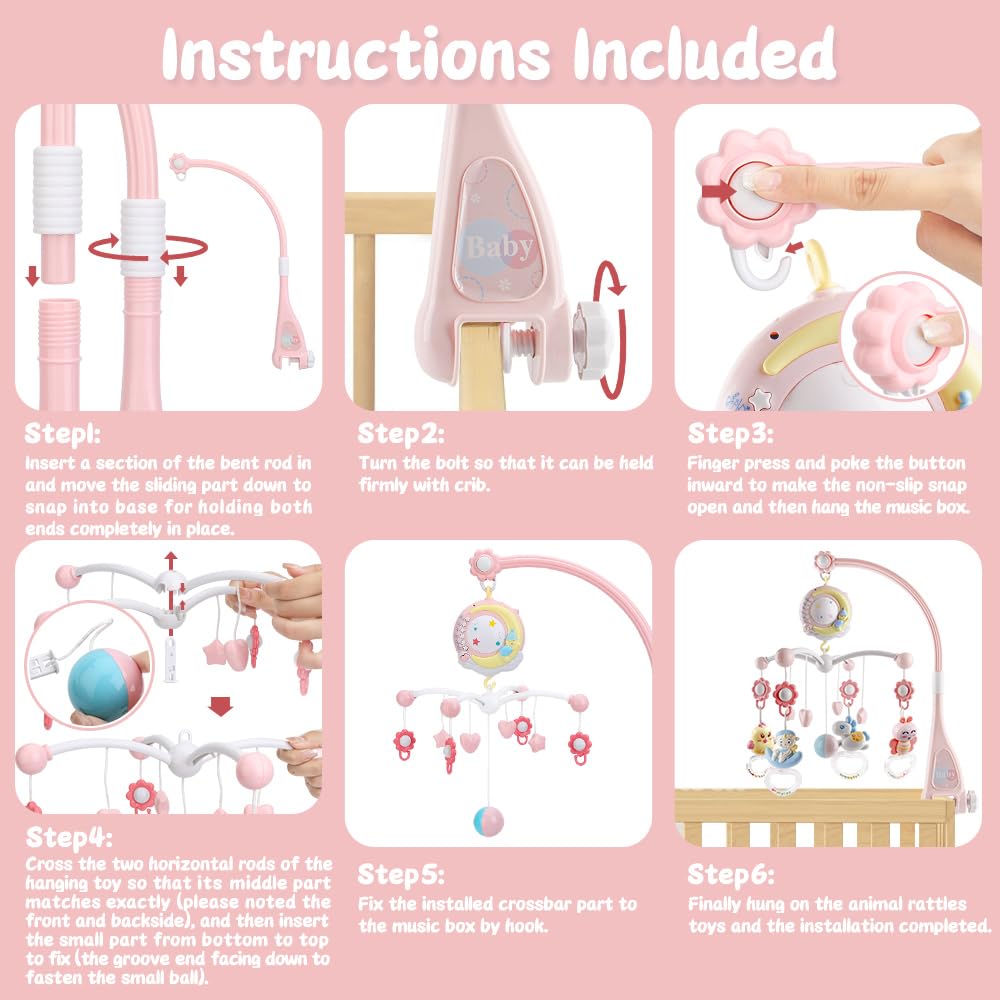 Baby Musical crib Mobile with Timing Function Projector and Lights Hanging Rotating Rattles and Remote control Music Box with 150 Melodies Toy for Newborn 0-24 Months