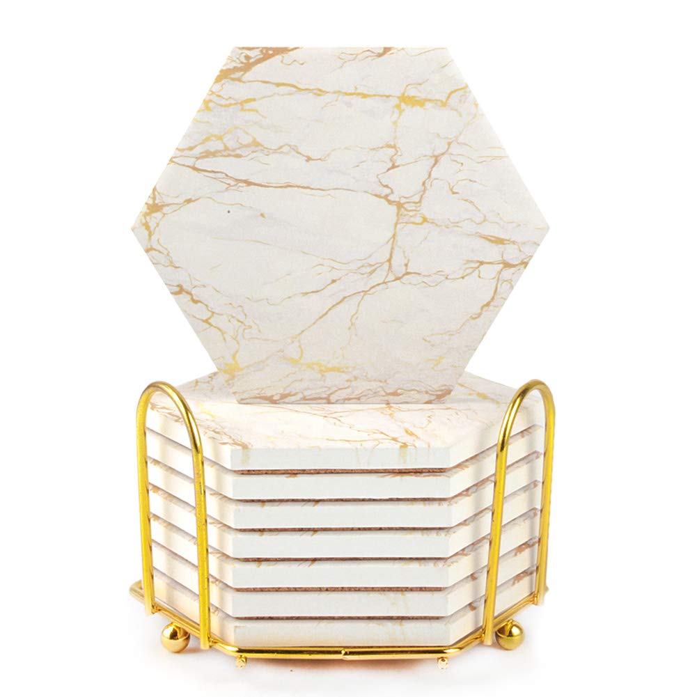 Marble Coasters For Drinks Absorbent With Cork Base, 8Pcs Drink Coasters For Wooden Table With Metal Holder, Gold Ceramic Cup Co