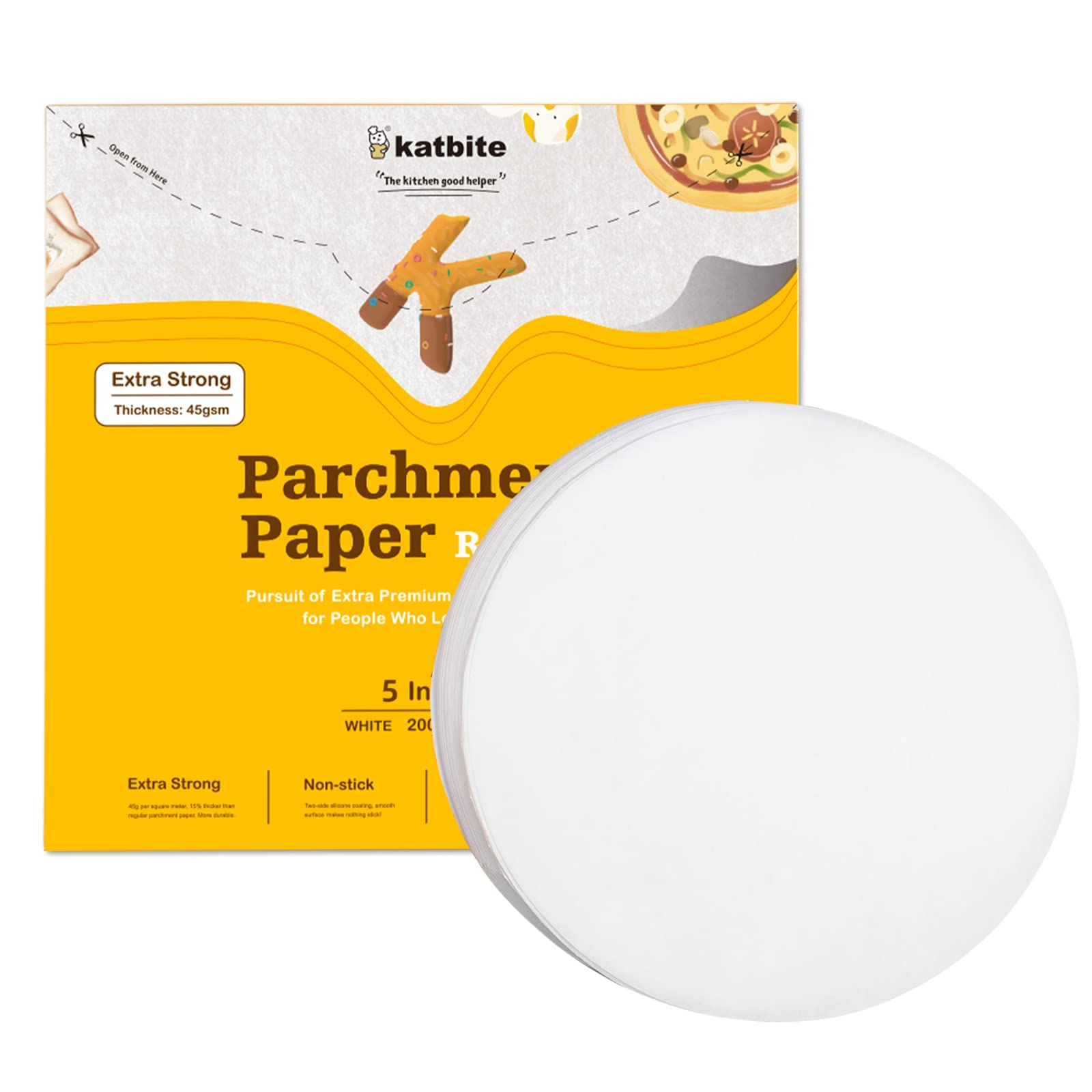 Katbite 200Pcs 5 Inch Parchment Paper Rounds, Extra Strong Heavy Duty & Non-Stick For Patty Separating, Freezing, Springform Cak