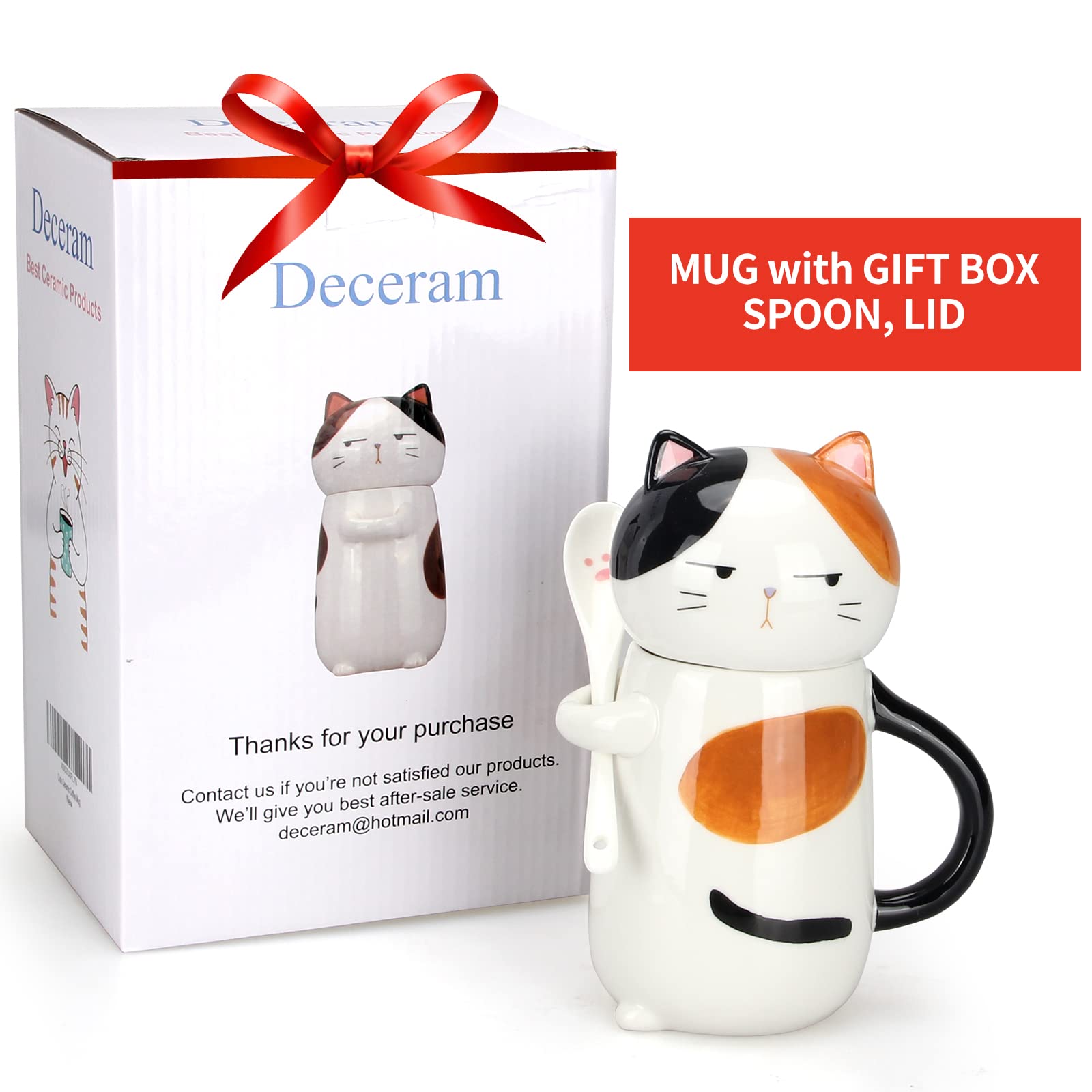 Large Cute Ceramic Coffee Mug with Lid and Spoon Fun Cat Cup for Women Ladies Unique 3D Kawaii Cat Coffee Mugs Lover Mom Gift Fu