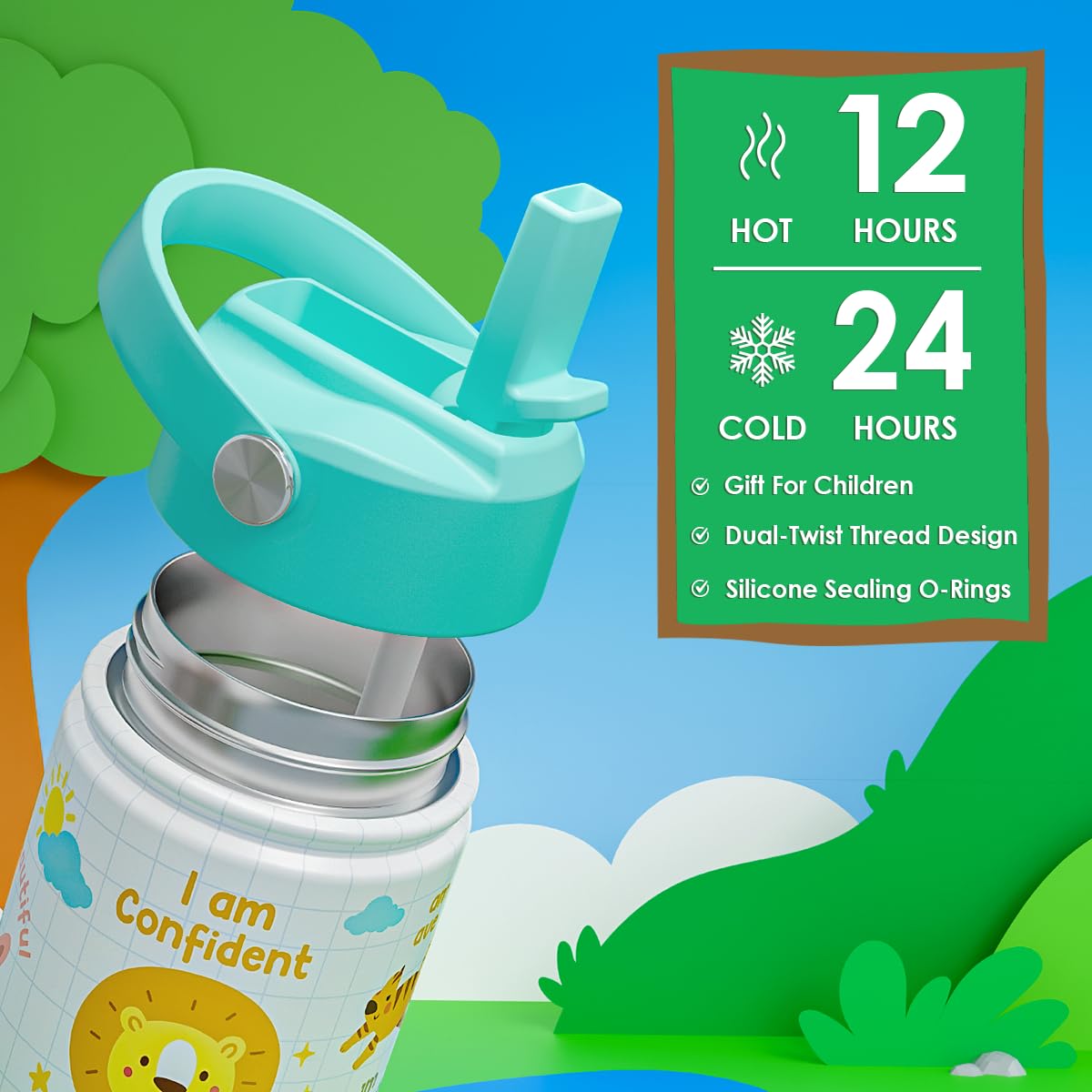 Animal Water Bottle 12oz for Kid Stainless Steel with Straw Lid, Kids Water Bottle, Travel Tumbler, Inspiration Gifts for Girls
