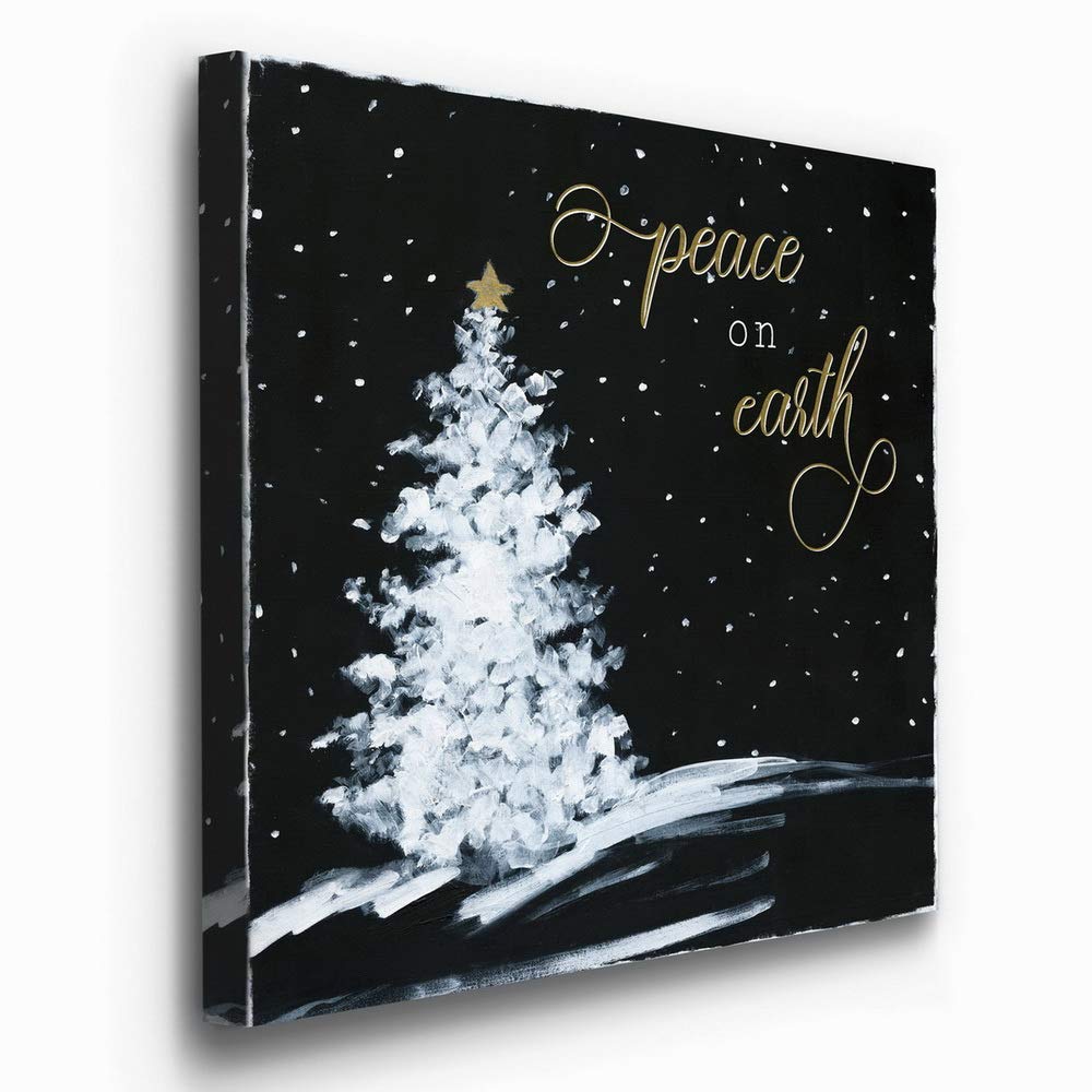 Renditions Gallery Peace on Earth Christmas Tree Wall Art  Black  White  & Gold Winter Art  Great Gift Idea  Premium Gallery Wrapped Canvas Decor  Ready to Hang  32 in H x 32 in W  Made in America (WC21-40642-3232)