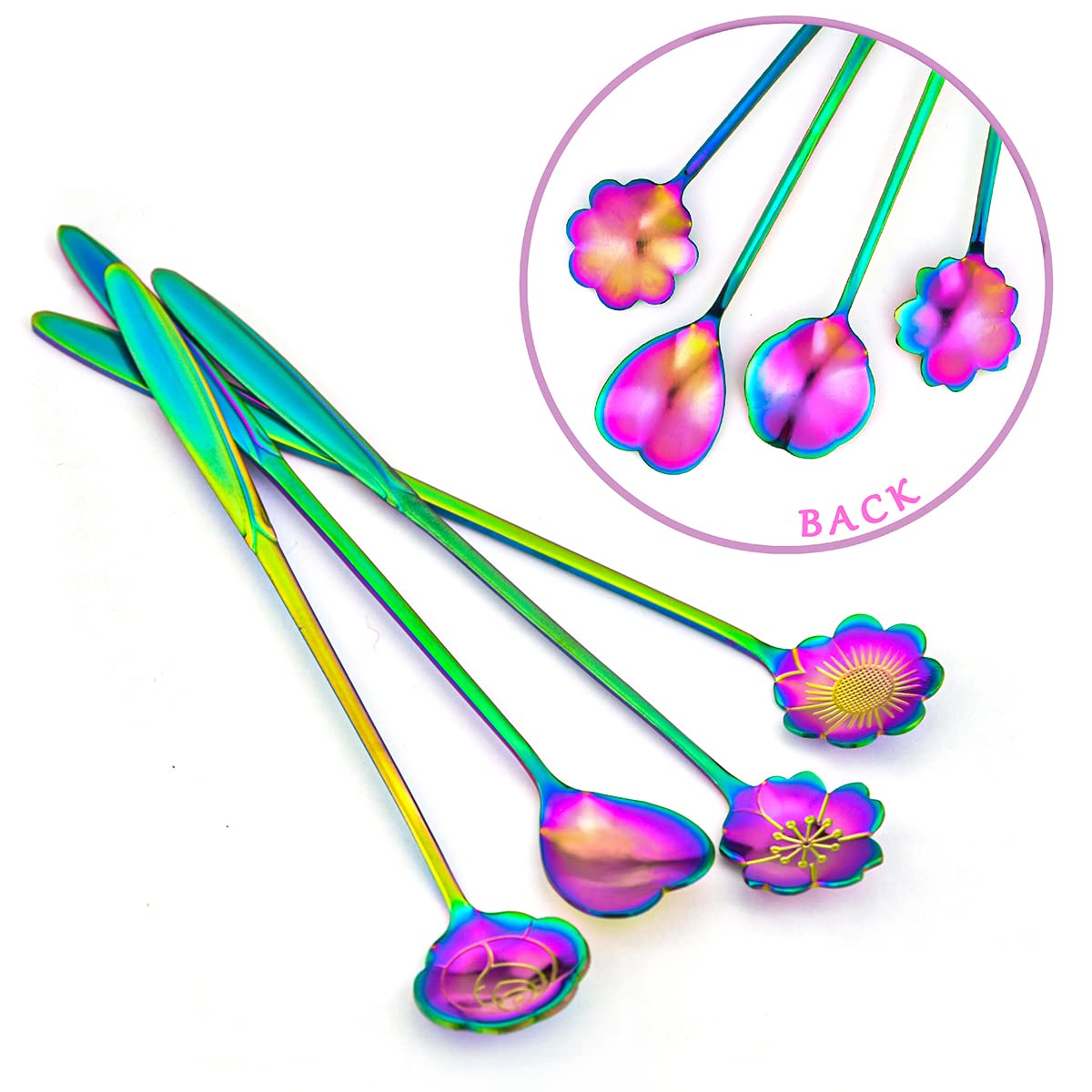 Flower Spoon Set Of 4 Pcs, Leefone 7'' Flower Pattern Long Handle Spoon Stainless Steel Reusable Tea Scoops Stirring Spoon Ice C
