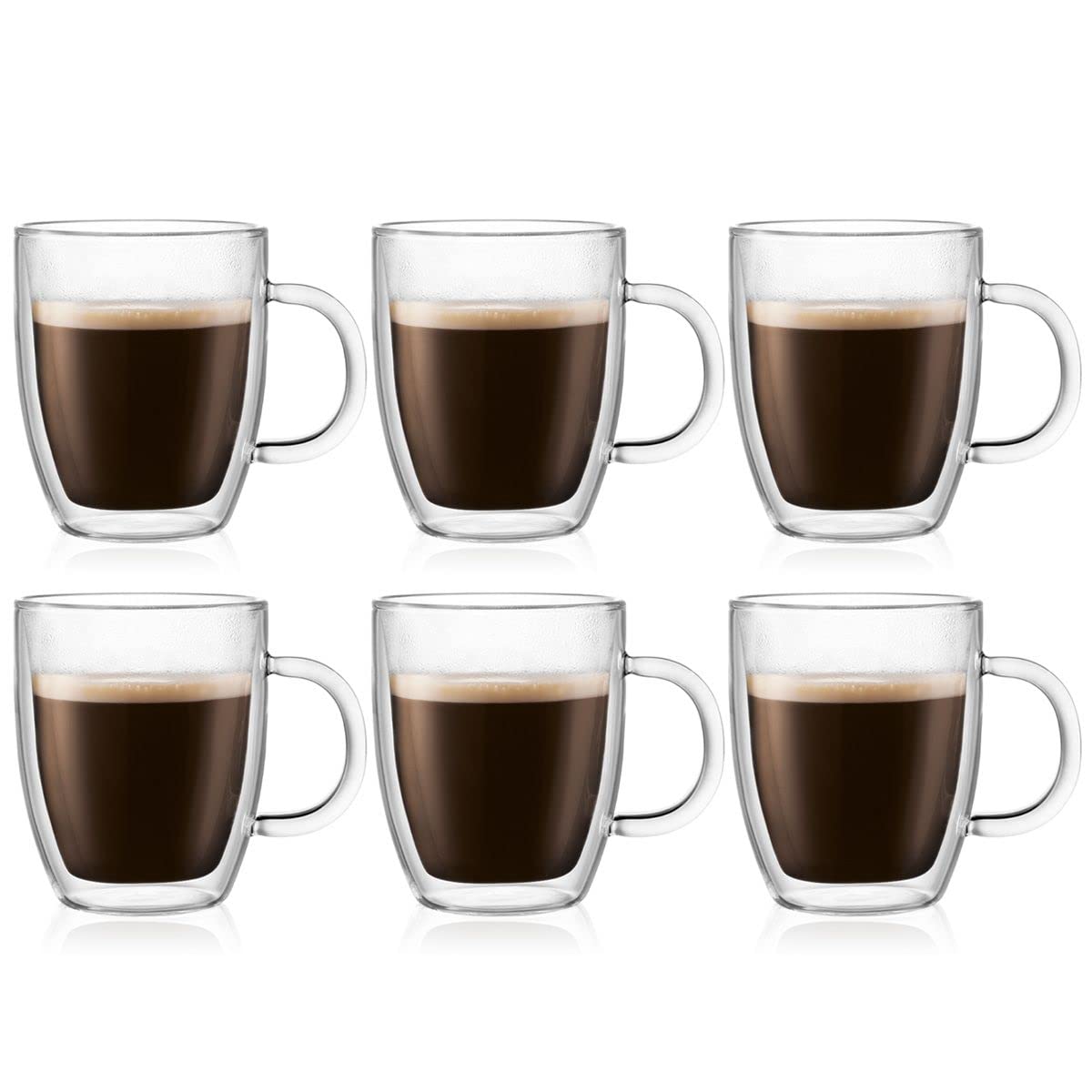 Bodum 10Oz Bistro Double Wall Insulated Mug, High-Heat Borosilicate Glass, Set Of 6, Clear