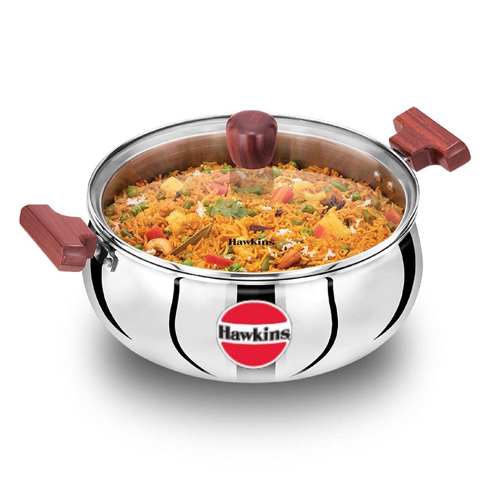 Hawkins 5 Litre Cook n Serve Handi, Triply Stainless Steel Handi with Glass Lid, Induction Sauce Pan, Biryani Handi, Saucepan, S