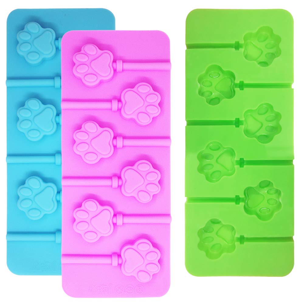 3 Pcs 6-Cavity Paw Lollipop Molds,Sonku Silicone Paw Mold Chocolate Hard Candy Jelly Fondant Mold With 18 Pcs Sucker Sticks-Pink