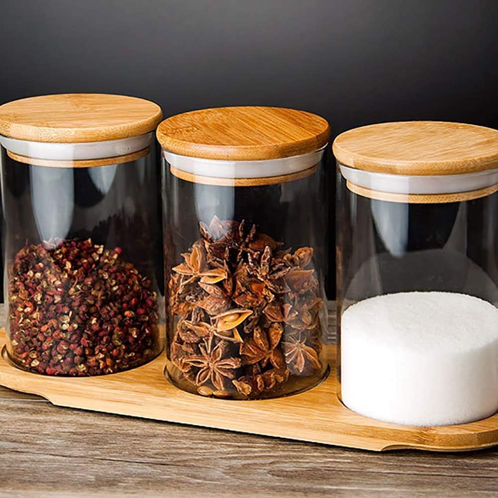 Happy Born Spice Condiment Containers With Lid And Tray, 220 Ml Salt Sugar Pepper Container Bowl, Empty Glass Spice Jars, Kitche