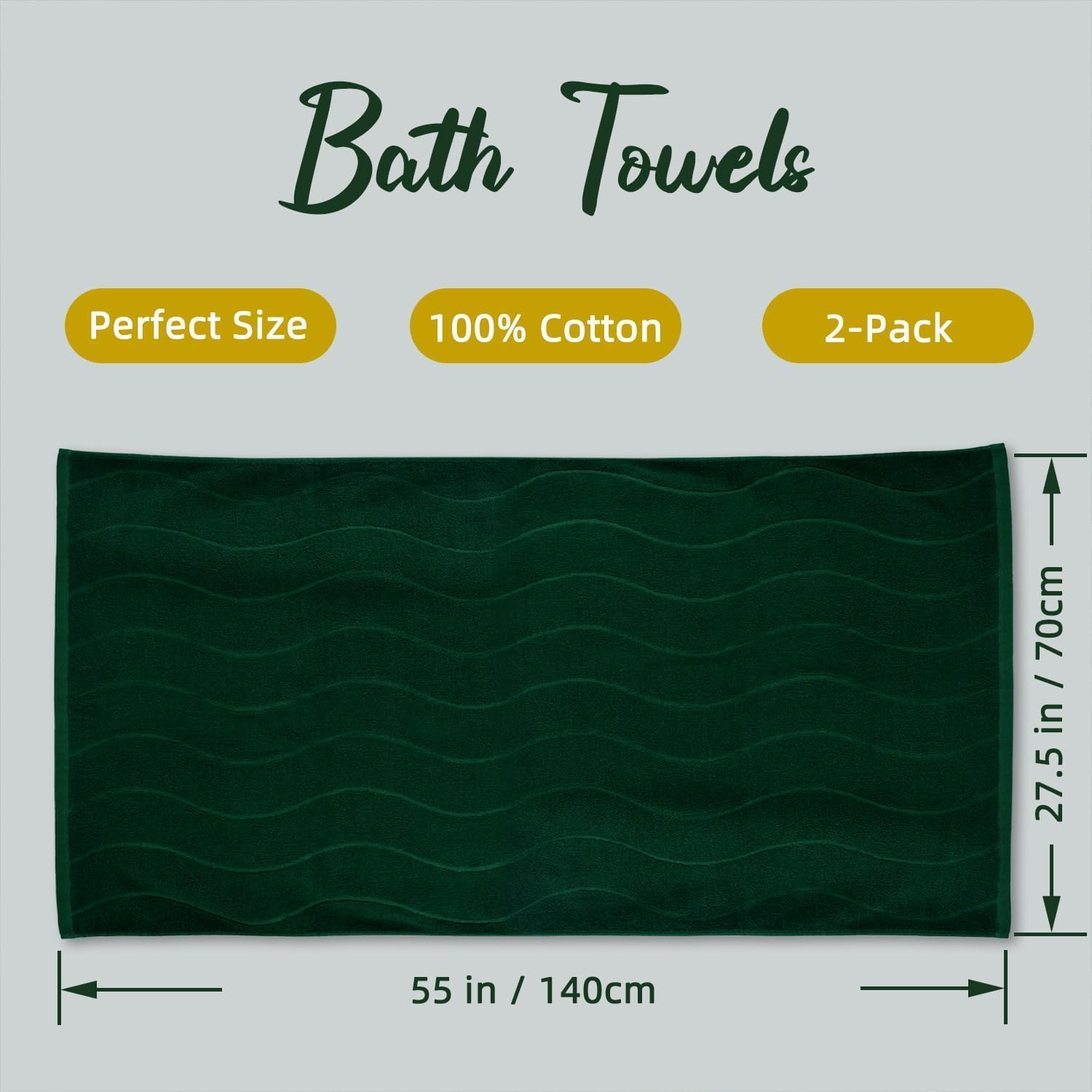 100% Cotton Bath Towels Set Of 2 In Forest Green (Wavy Striped Jacquard) 27.5    X 55   , Quick Dry Towel For Bathroom Pool Gym