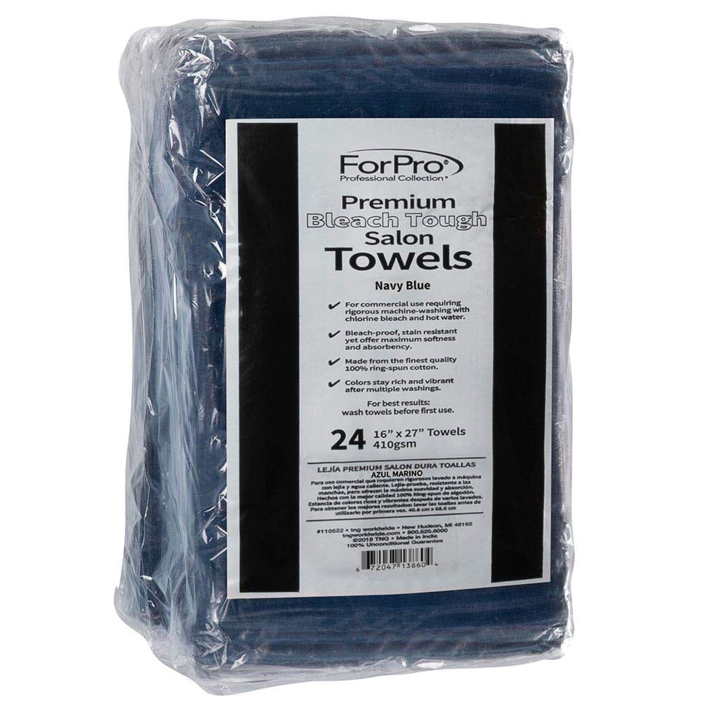 ForPro Professional Collection Premium Bleach-Proof Salon Towels, 100% Cotton, Navy Blue, 16” x 27”, Pack of 24, Model 110552